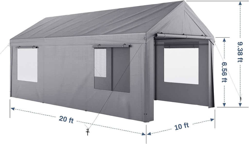 Enclosed Car Canopy 10x20*9.38ft with 4 Windows, 180g PE Cover, Detachable Walls & Doors U89766