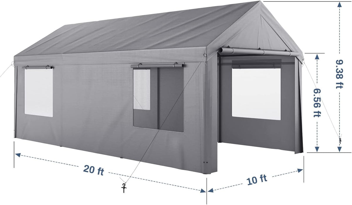 Enclosed Car Canopy 10x20*9.38ft with 4 Windows, 180g PE Cover, Detachable Walls & Doors U89766