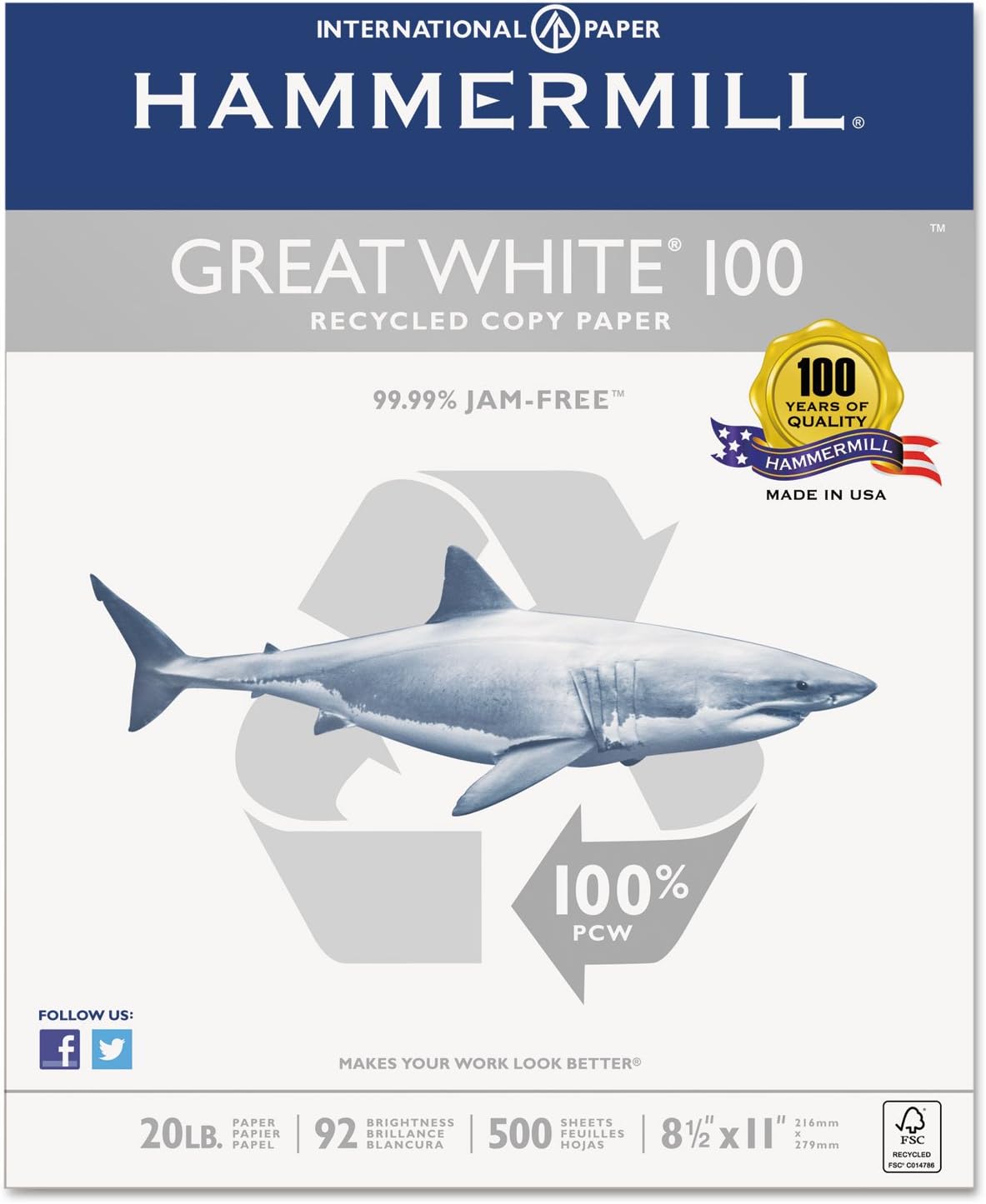100 Recycled Copy Paper, 20Lb, 8-1/2 X 11, White, 5,000 Sheet W831