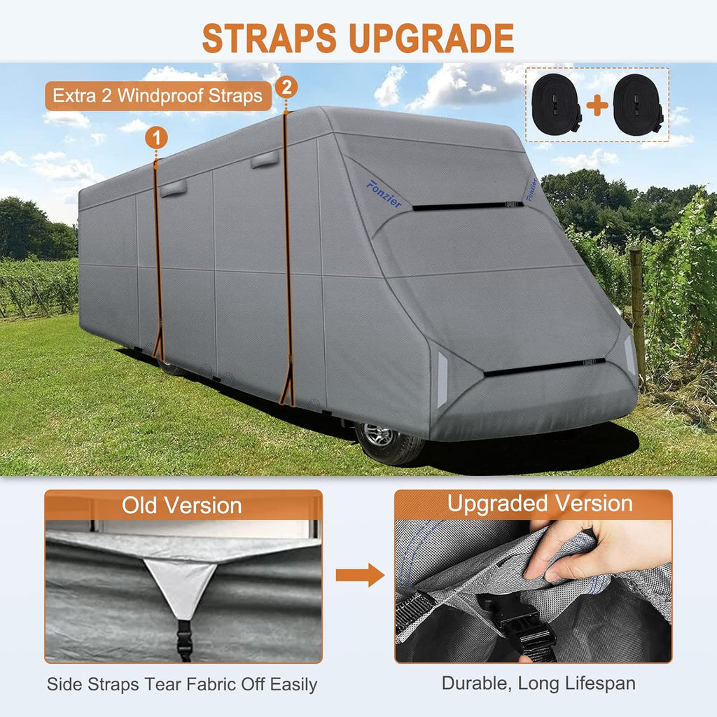 Heavy Duty 6 Layers RV Cover Anti-UV Camper Cover for 23’-26’ Motorhome Breathable Rip-Stop with 2Pcs Extra Straps & Gutter Spout Covers K5550