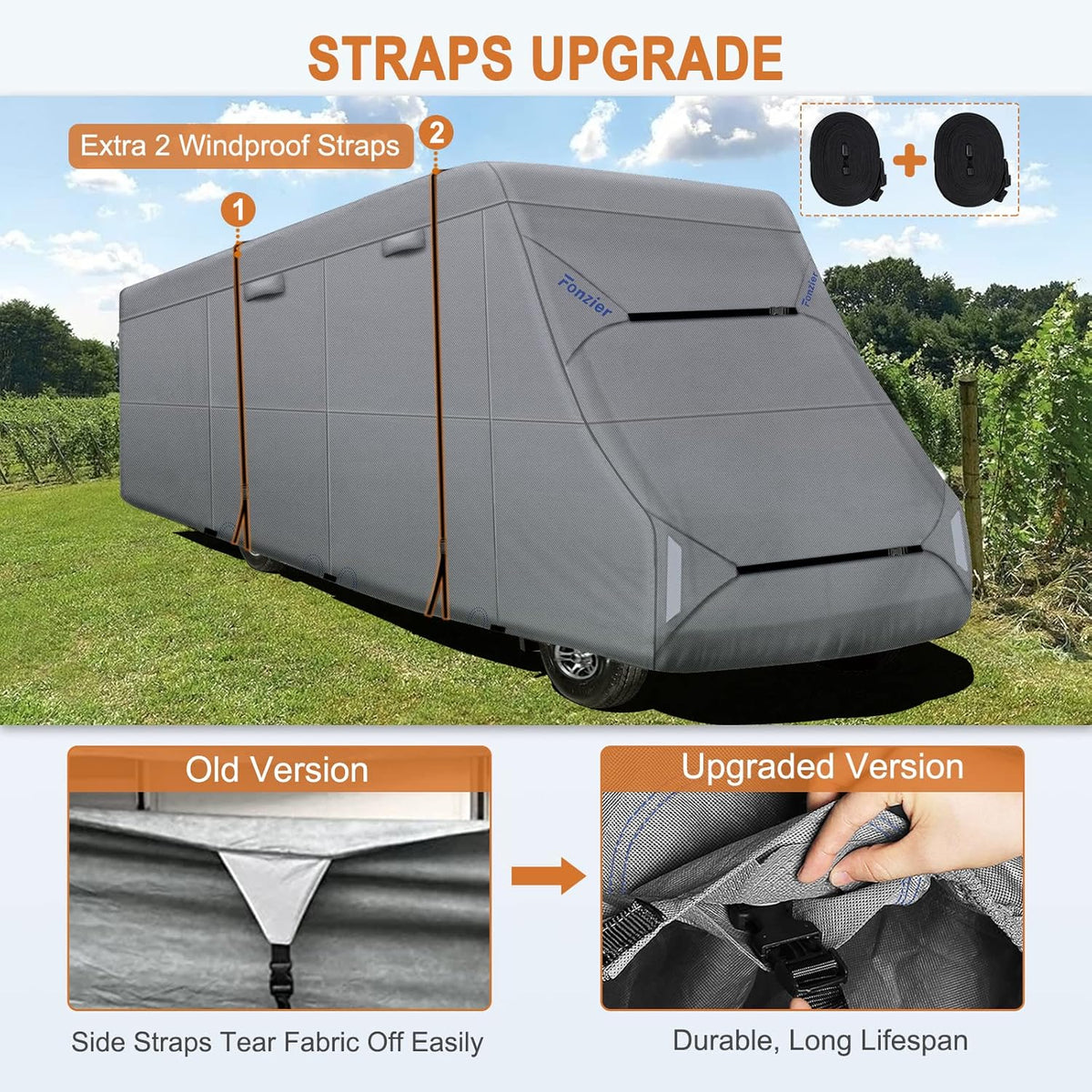 Heavy Duty 6 Layers RV Cover Anti-UV Camper Cover for 23’-26’ Motorhome Breathable Rip-Stop with 2Pcs Extra Straps & Gutter Spout Covers K5550