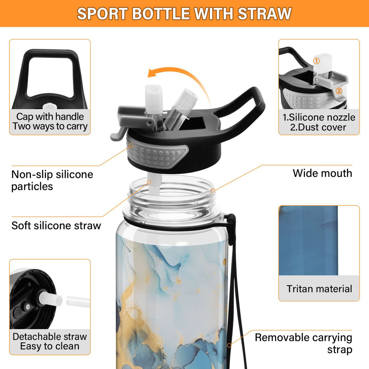 Blue and Golden Marble 32oz Tritan Water Bottles with Straw P321