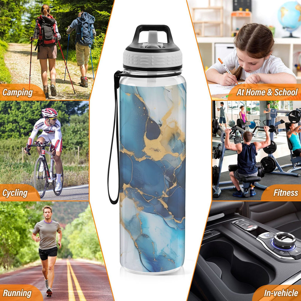 Blue and Golden Marble 32oz Tritan Water Bottles with Straw P321