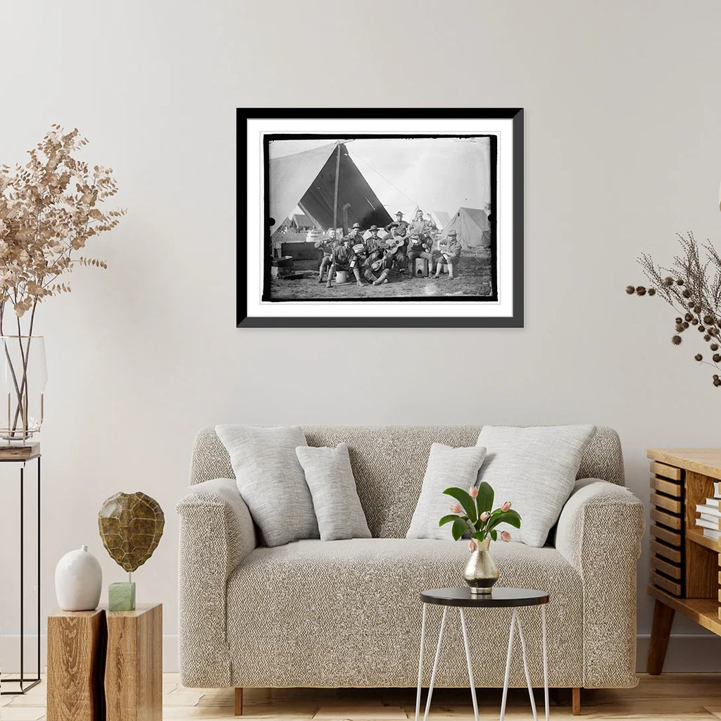 Historic Framed Print, U.S. Army group of soldiers in front of tent, 17-7/8" x 21-7/8" Y71455