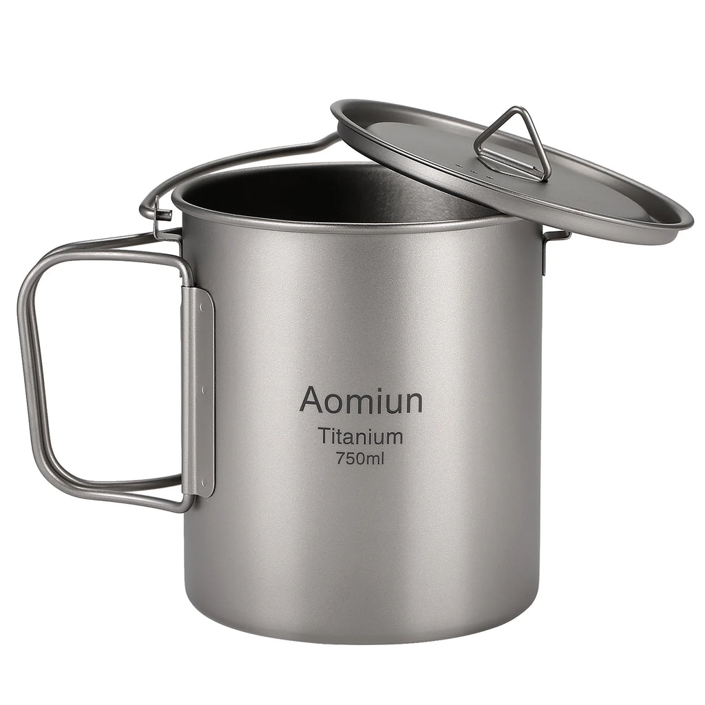 Ultralight 750ml Titanium Pot with Lid and Foldable Handle E6964