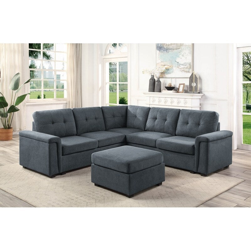 Gray Woven Fabric 6-Seater Sectional Sofa with Ottoman C3216