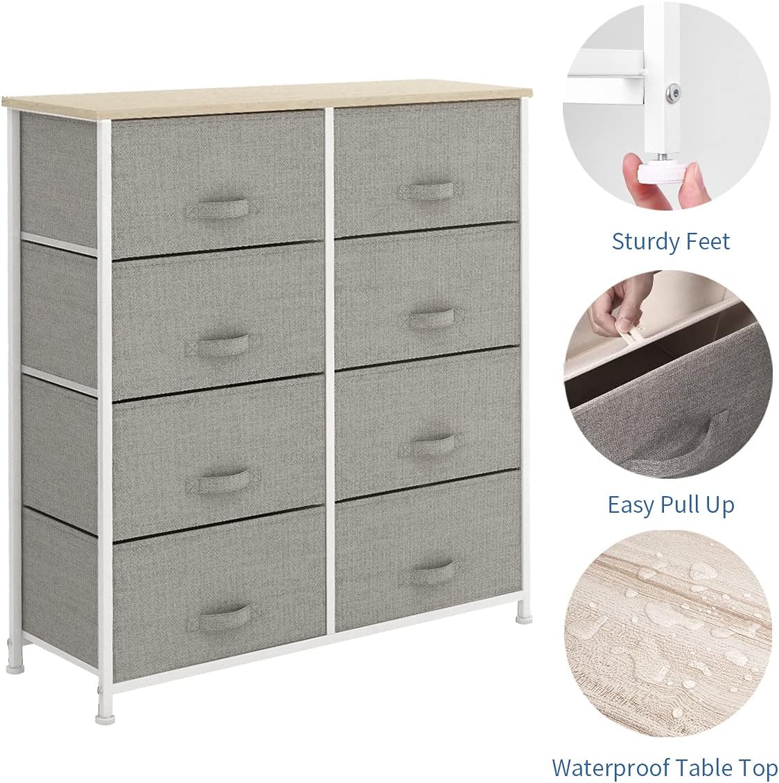 Light grey 8 Drawer Fabric Dresser with Steel Frame and Wooden Top A974234