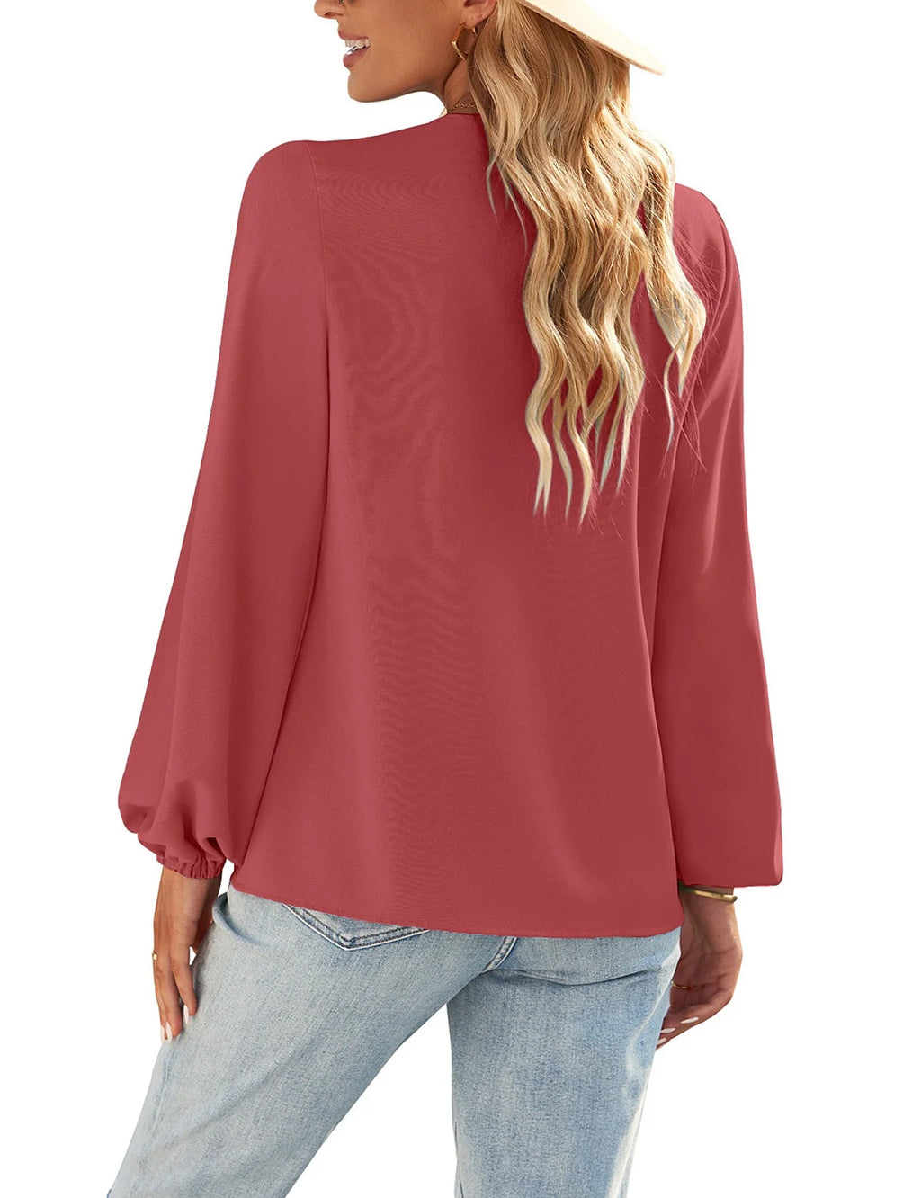 Cranberry Long Balloon Sleeve V Neck Blouses O72035
