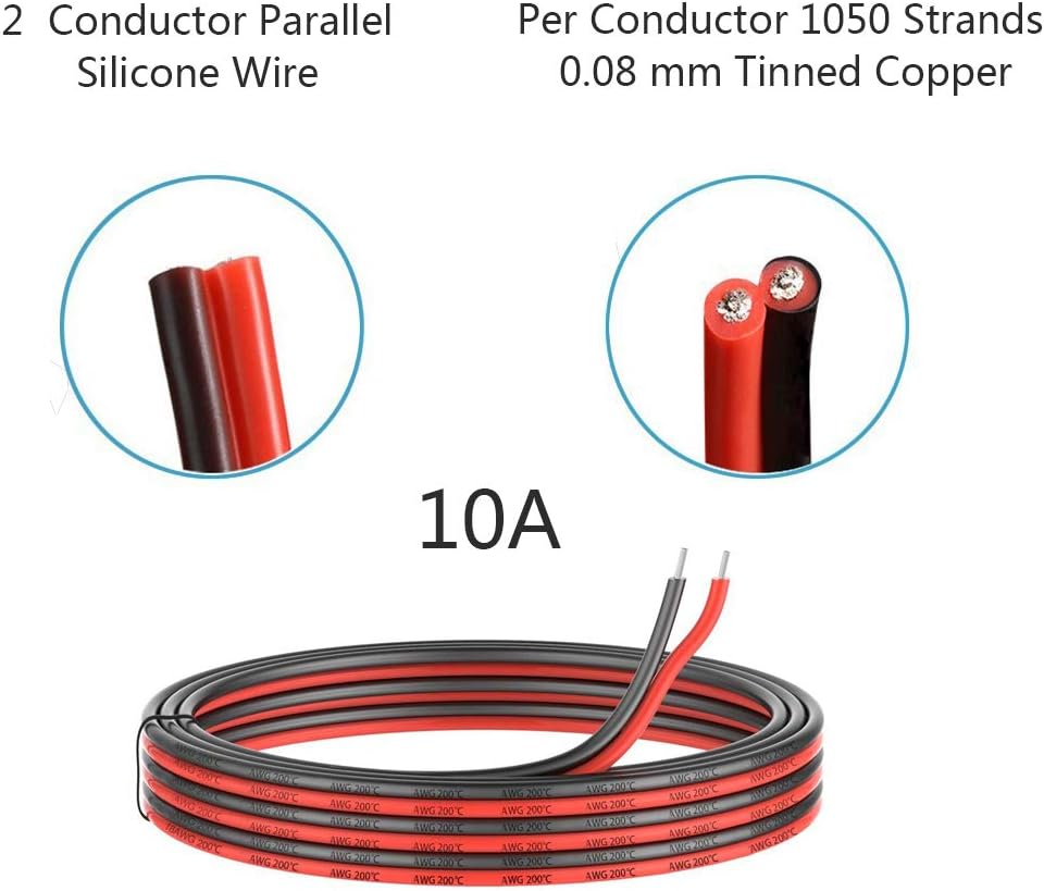10 Gauge Silicone 2 Conductor Parallel Wire, 33ft, Red Black T8291