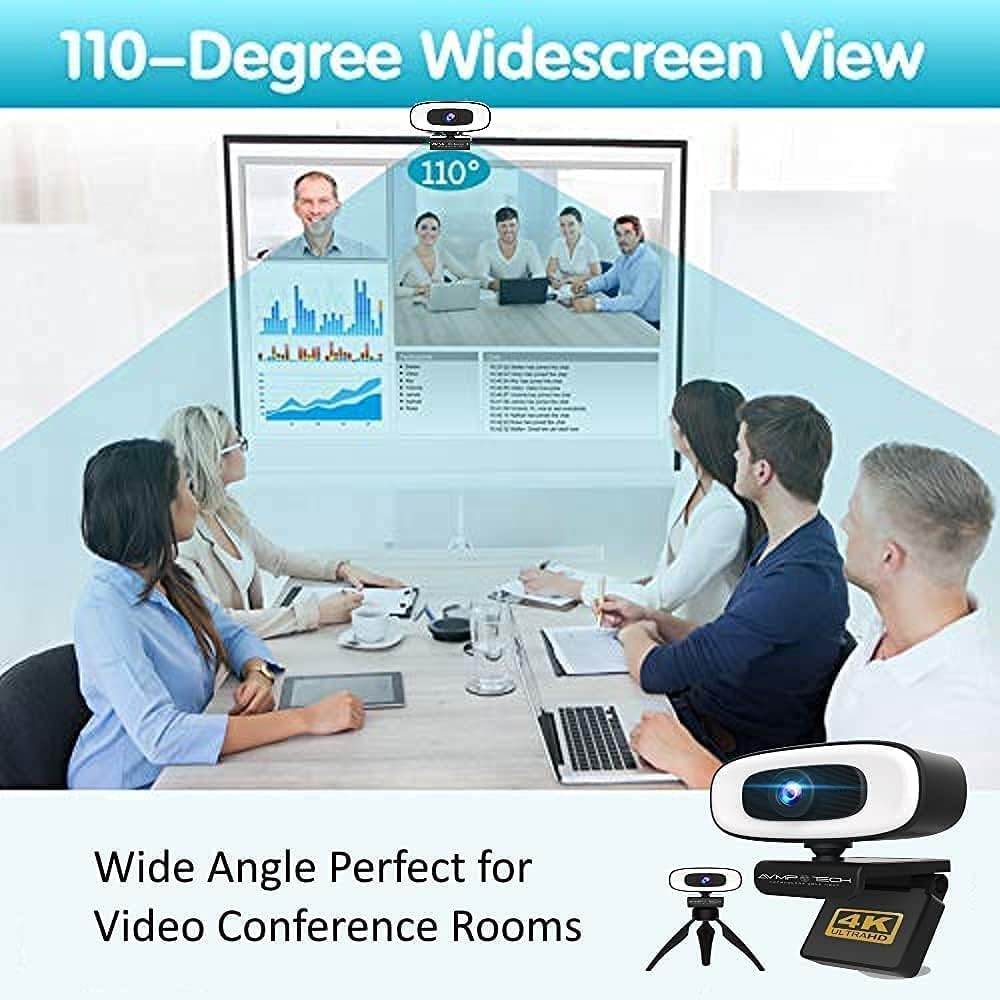4K Webcam with Light Ultra HD 8MP Autofocus USB Web Cam with Microphone for Desktop Computer PC Streaming Camera + Tripod + USBC + Privacy Cover Pack of 2 Y329840