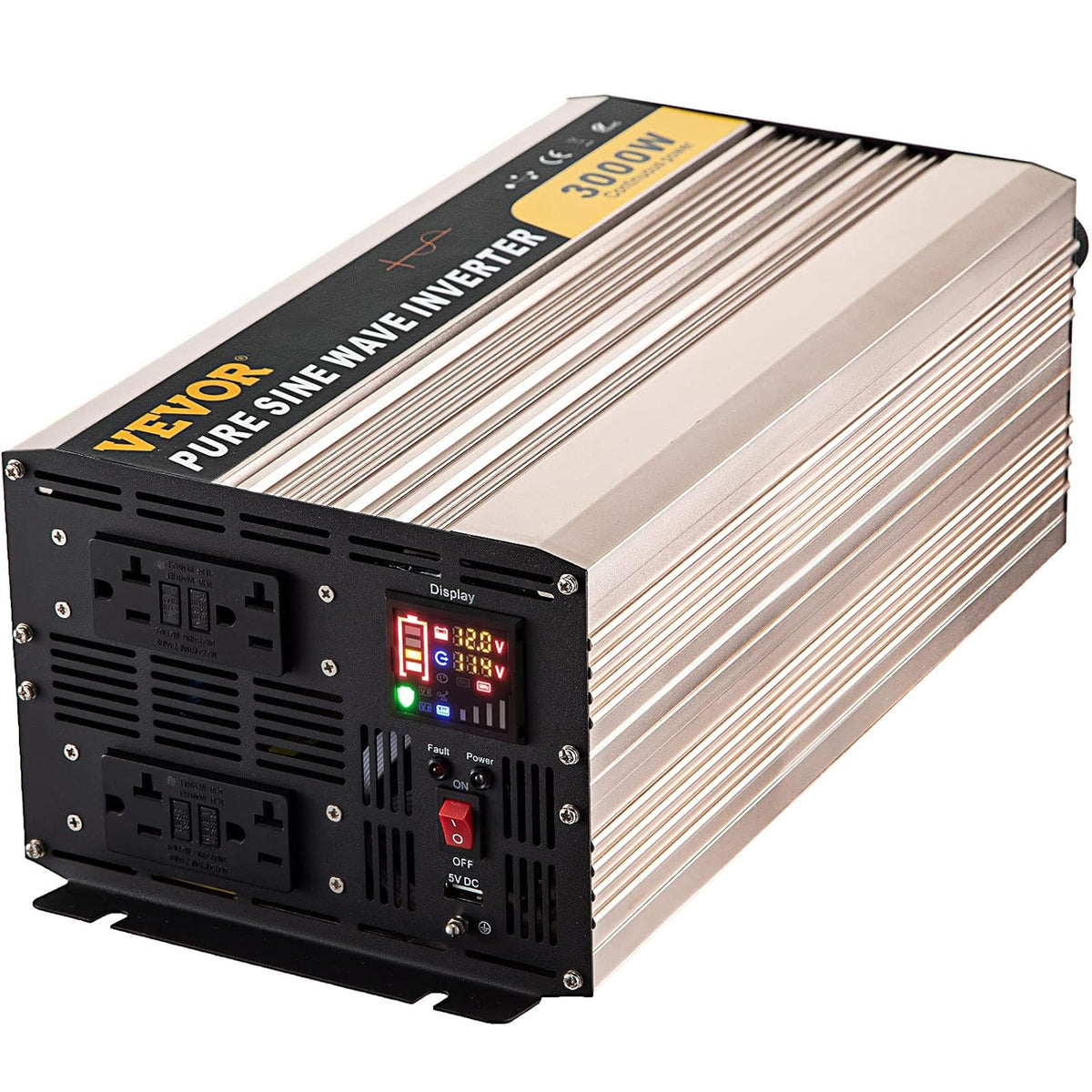 3000 Watt Pure Sine Wave Power Inverter, DC 12V to AC 110V, with LCD Display, 5V USB Port, AC Outlets (GFCI) T95654