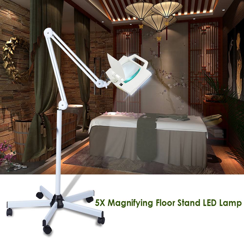 5X Magnification Rolling Floor Stand Magnifying Magnifier LED Lamp Square Salon Equipment T45805