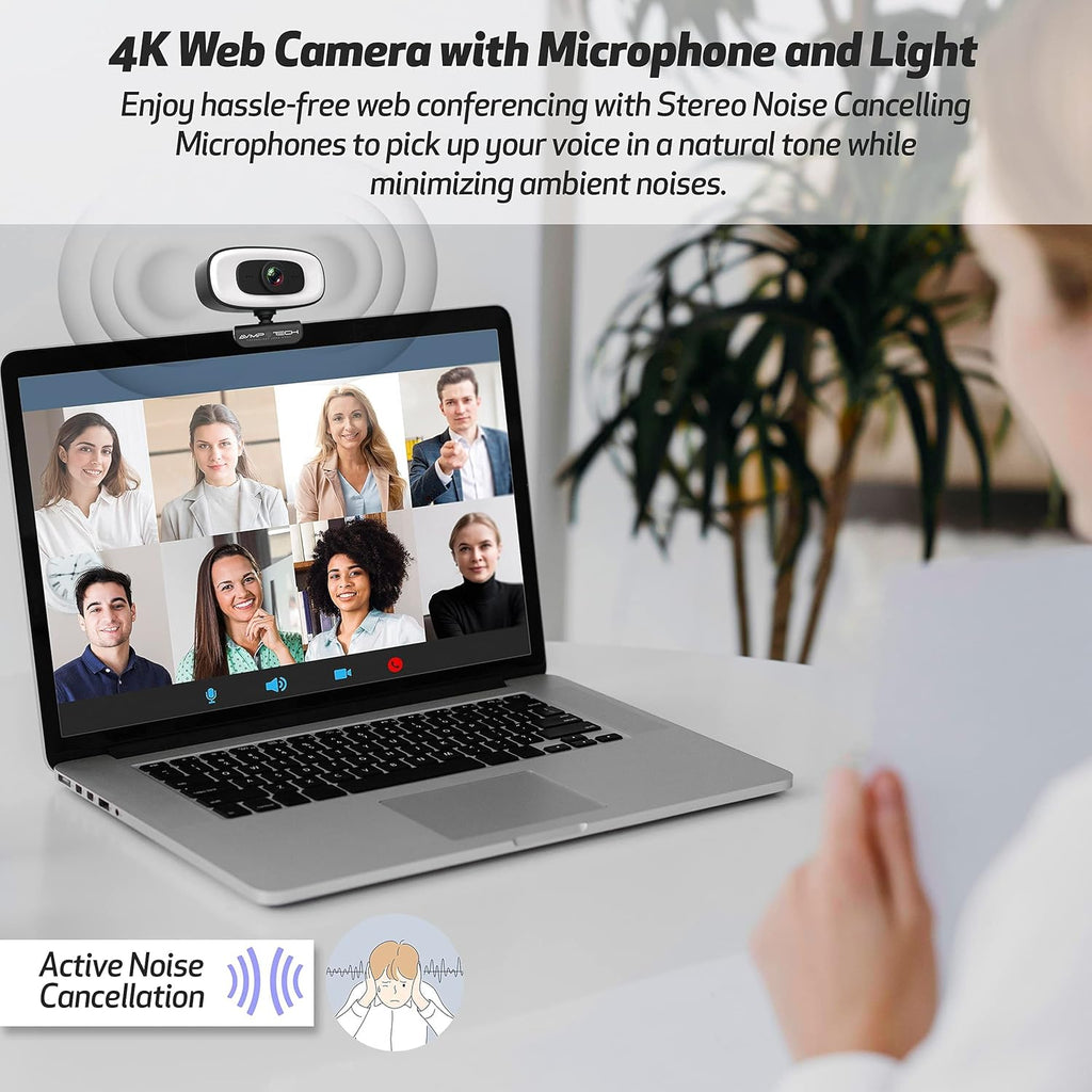4K Webcam with Light Ultra HD 8MP Autofocus USB Web Cam with Microphone for Desktop Computer PC Streaming Camera + Tripod + USBC + Privacy Cover Pack of 2 Y329840