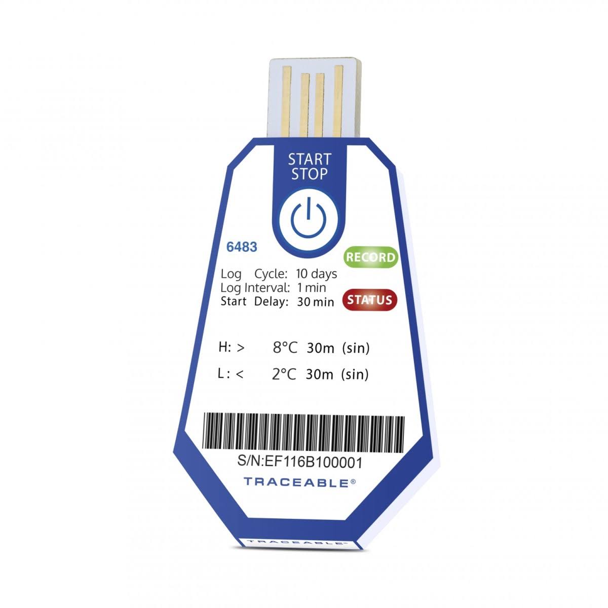 USB Datalogger Thermometer, 40/pk, 90 Day, 10 min, 2 to 8 C Q2764