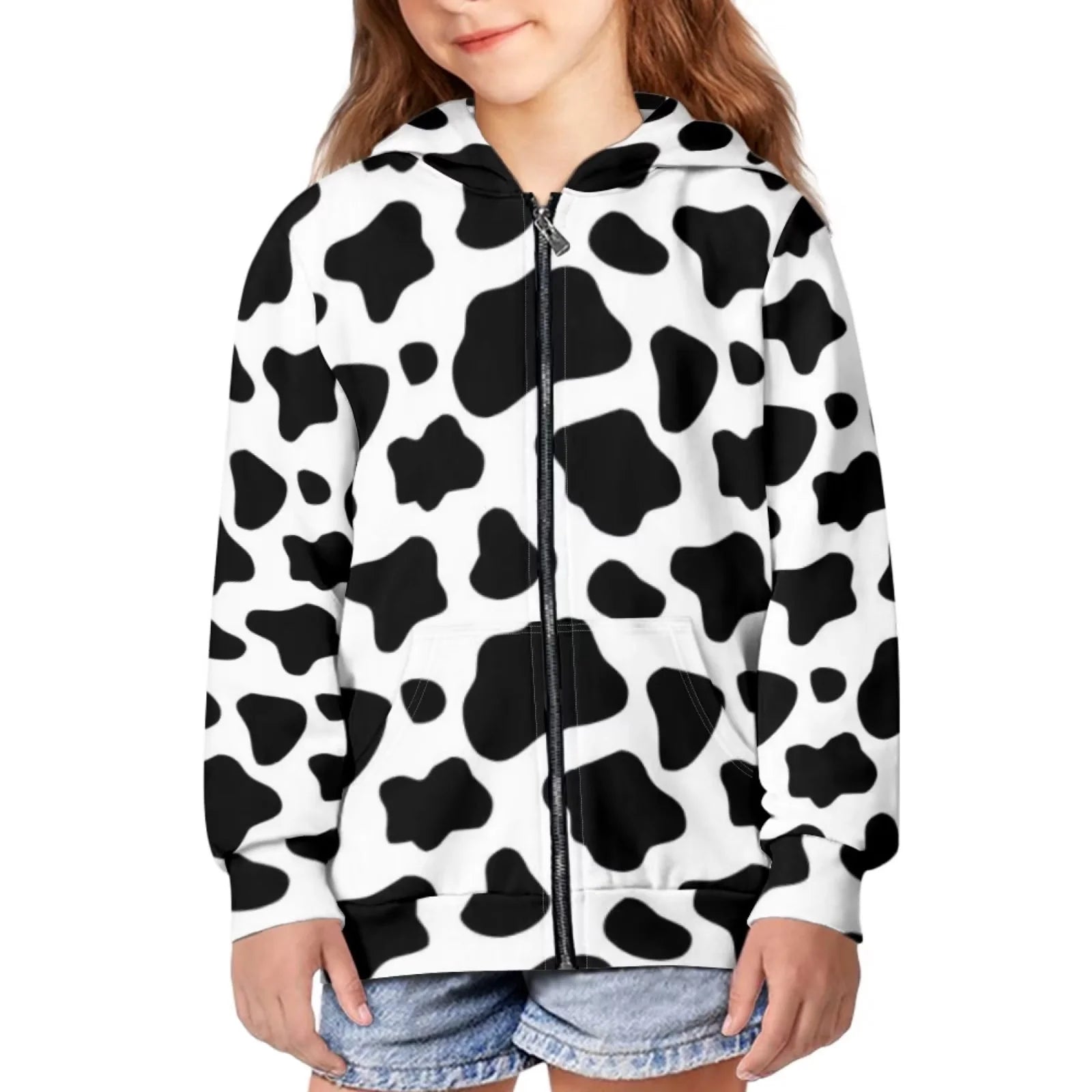 Milk Cow Print Zip Up Hoodies Sweatshirt L463