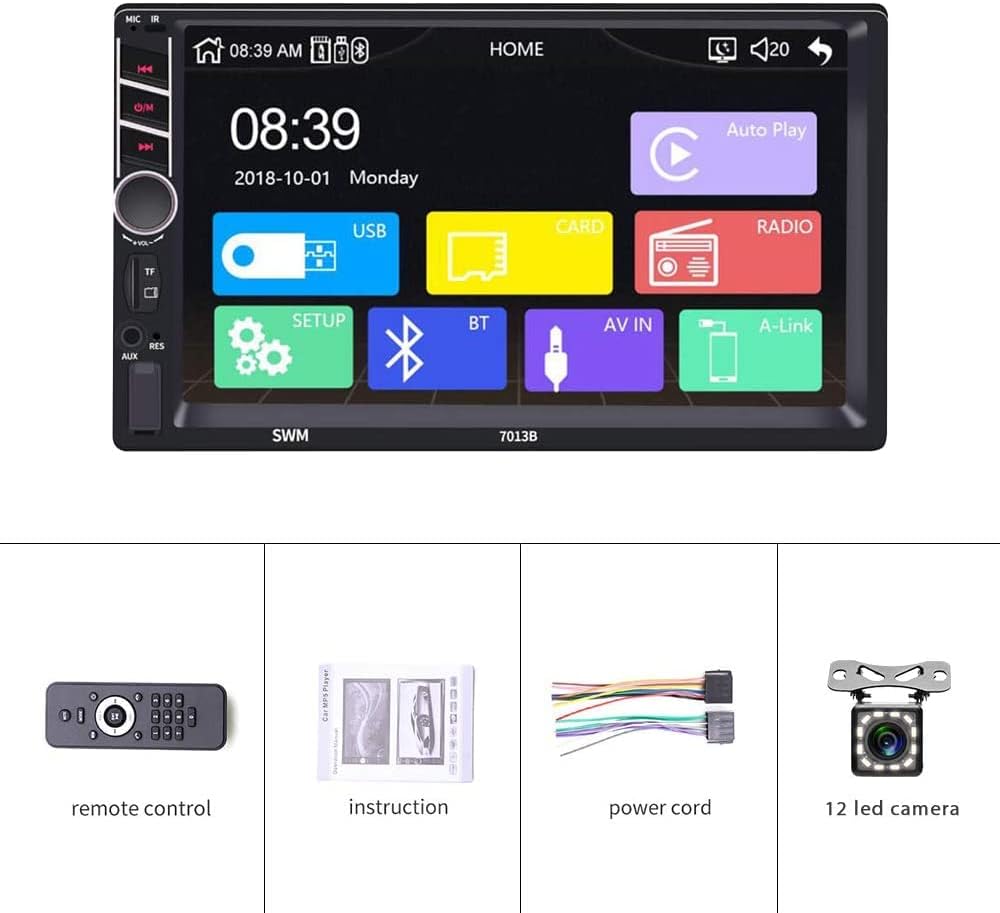 Double Din 7 inch Car Stereo with CarPlay Android Auto HD Touch Screen Multimedia Head Unit MP5 Player FM Receiver Bluetooth Mirror Link SWC AUX/USB/TF Card Backup Camera A536023