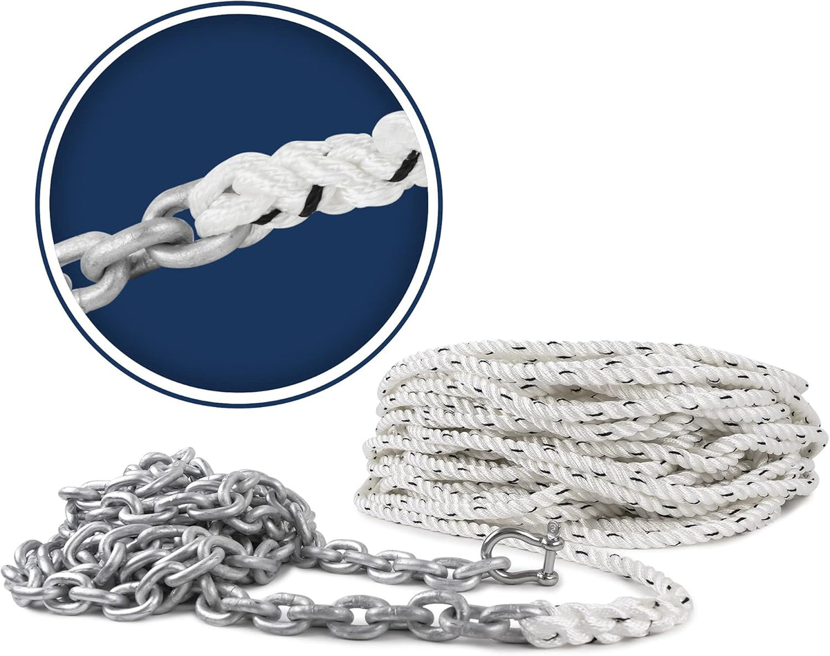 Nylon 3 Strand Anchor Rode with Galvanized Steel Chain and Stainless Steel Shackle, Prespliced C515