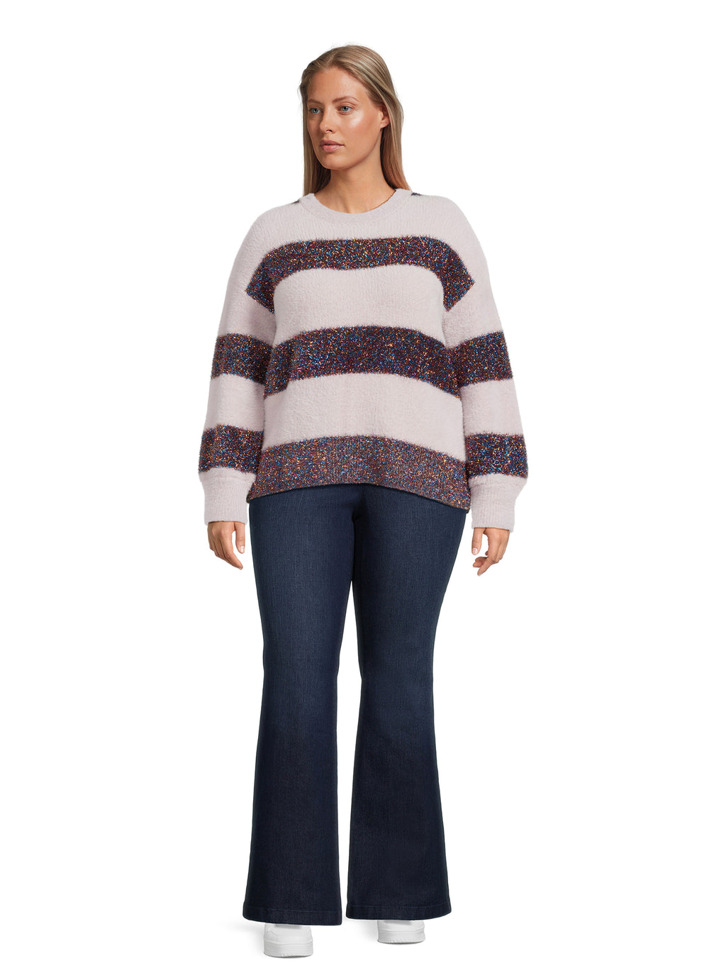 Metallic Stripe Pullover Sweater with Long Sleeves B859452