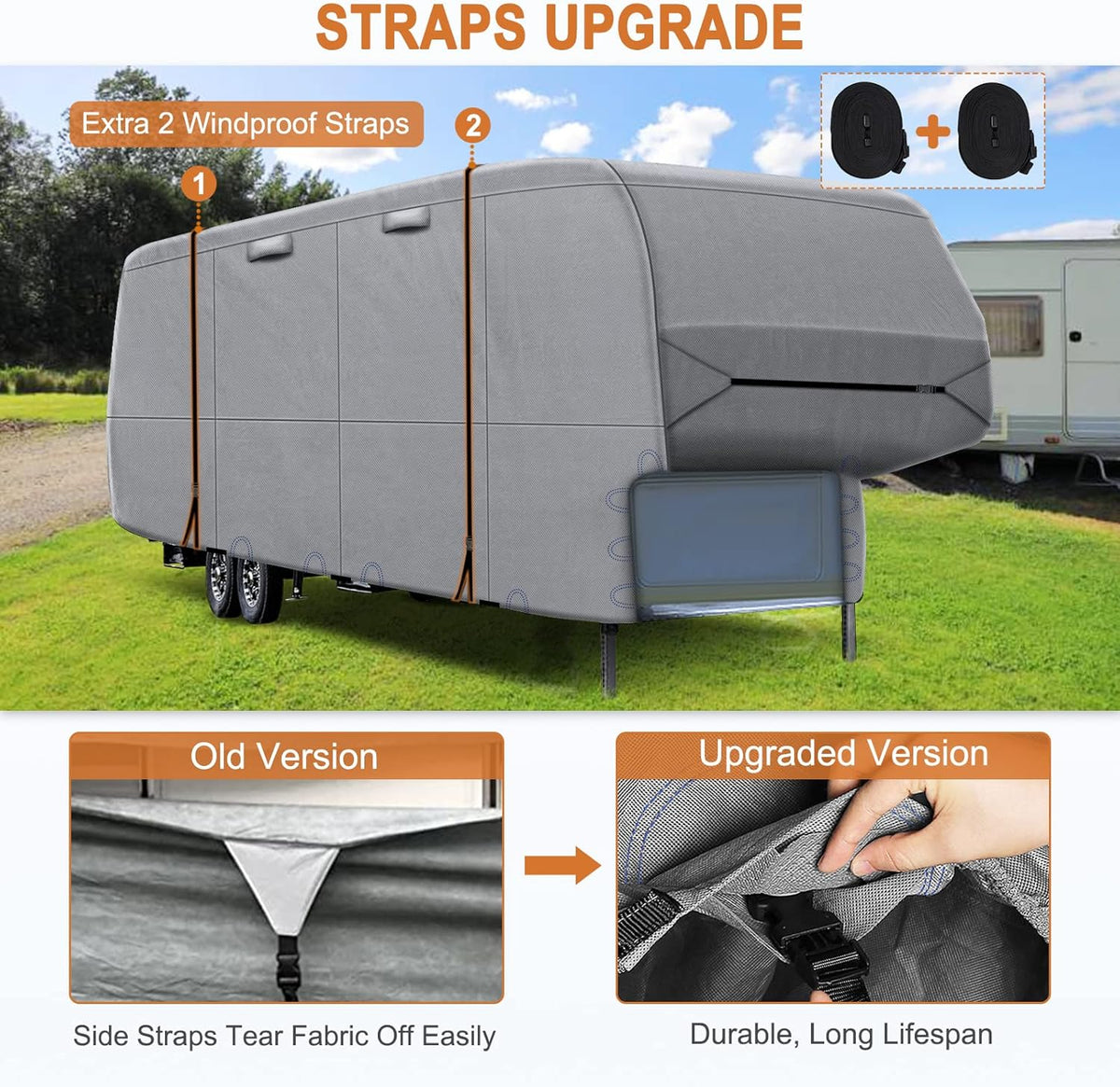 Heavy Duty 6 Layers 5th Wheel RV Cover Anti-UV Breathable Rip-Stop with 2Pcs Extra Straps & Gutter Spout Covers L8003