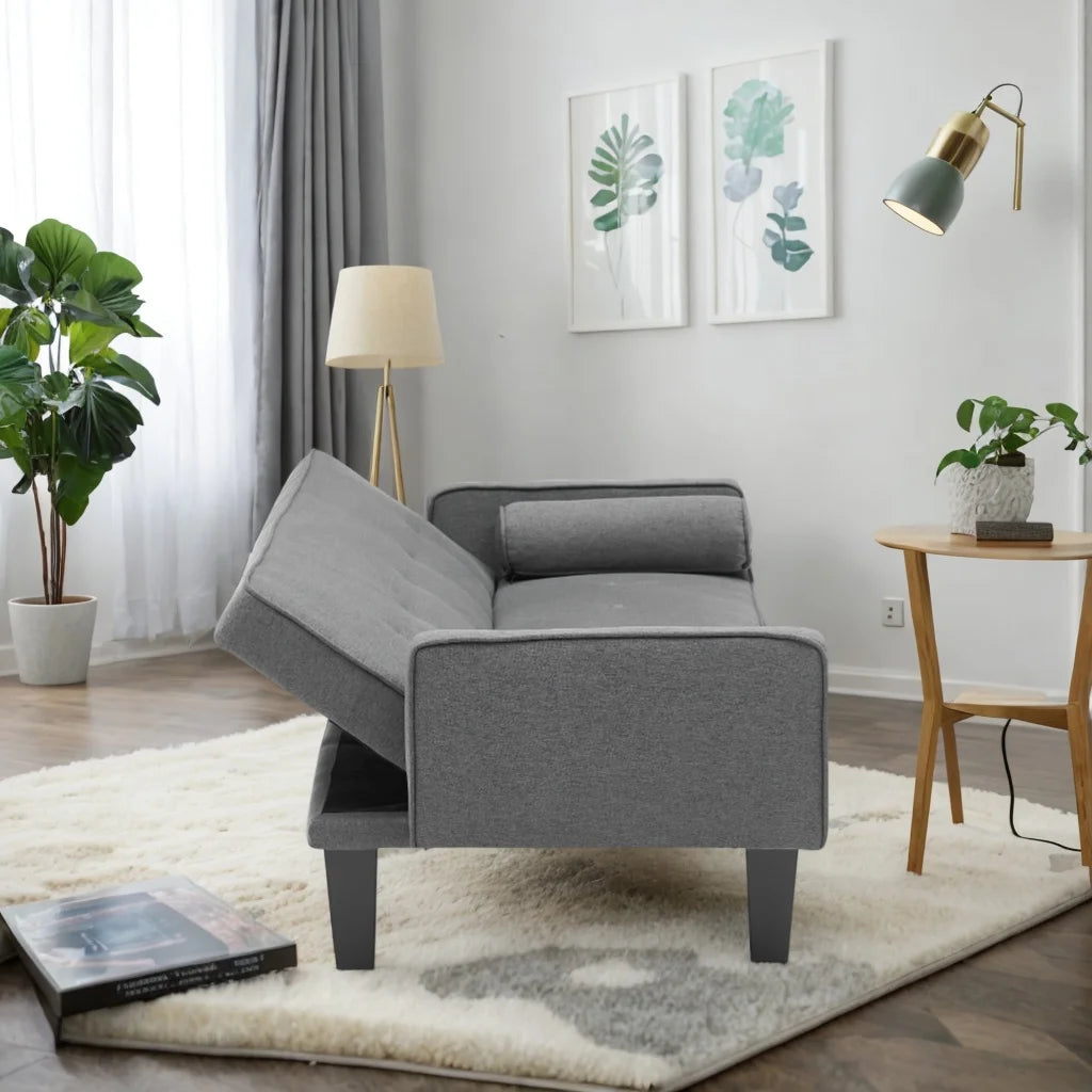 Dark Gray Cotton Linen Convertible Sofa Bed with Two Pillows D735