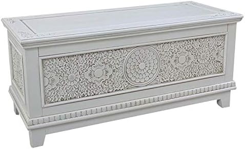 Carved Storage Trunk Bench in White B91650