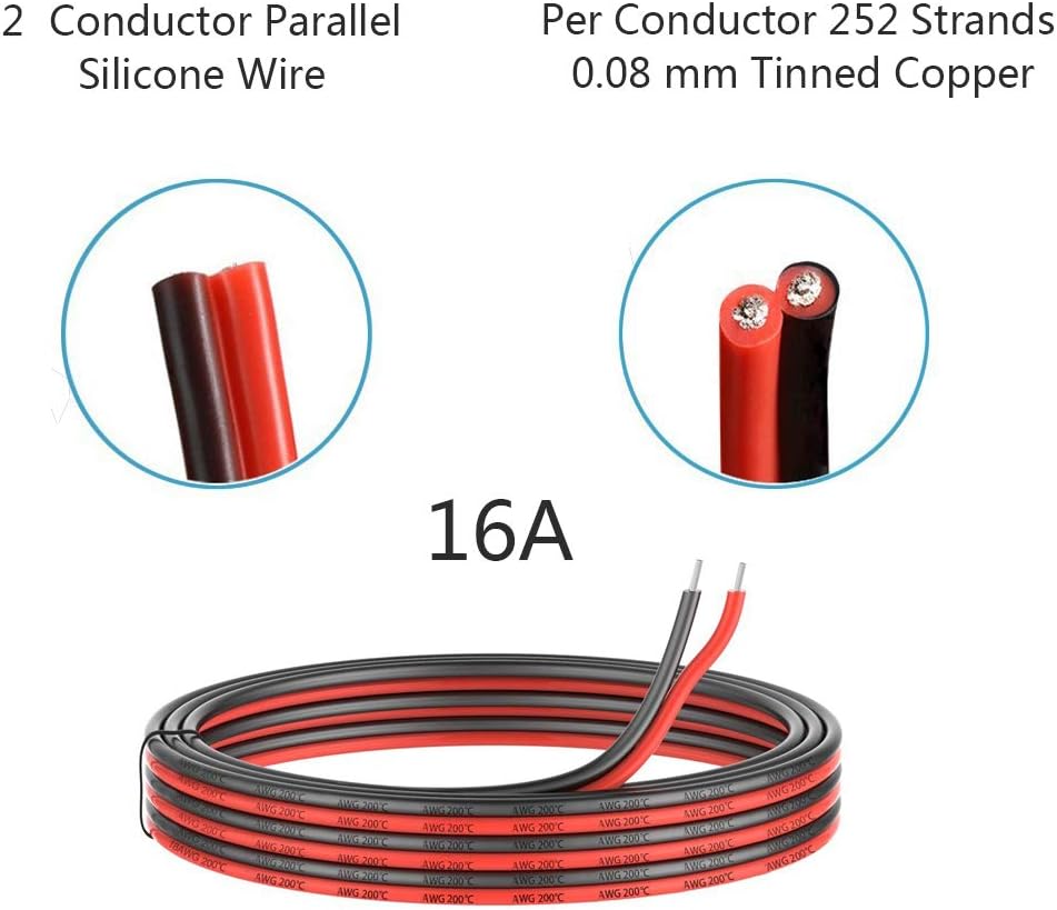 10 Gauge Silicone 2 Conductor Parallel Wire, 33ft, Red Black T8291