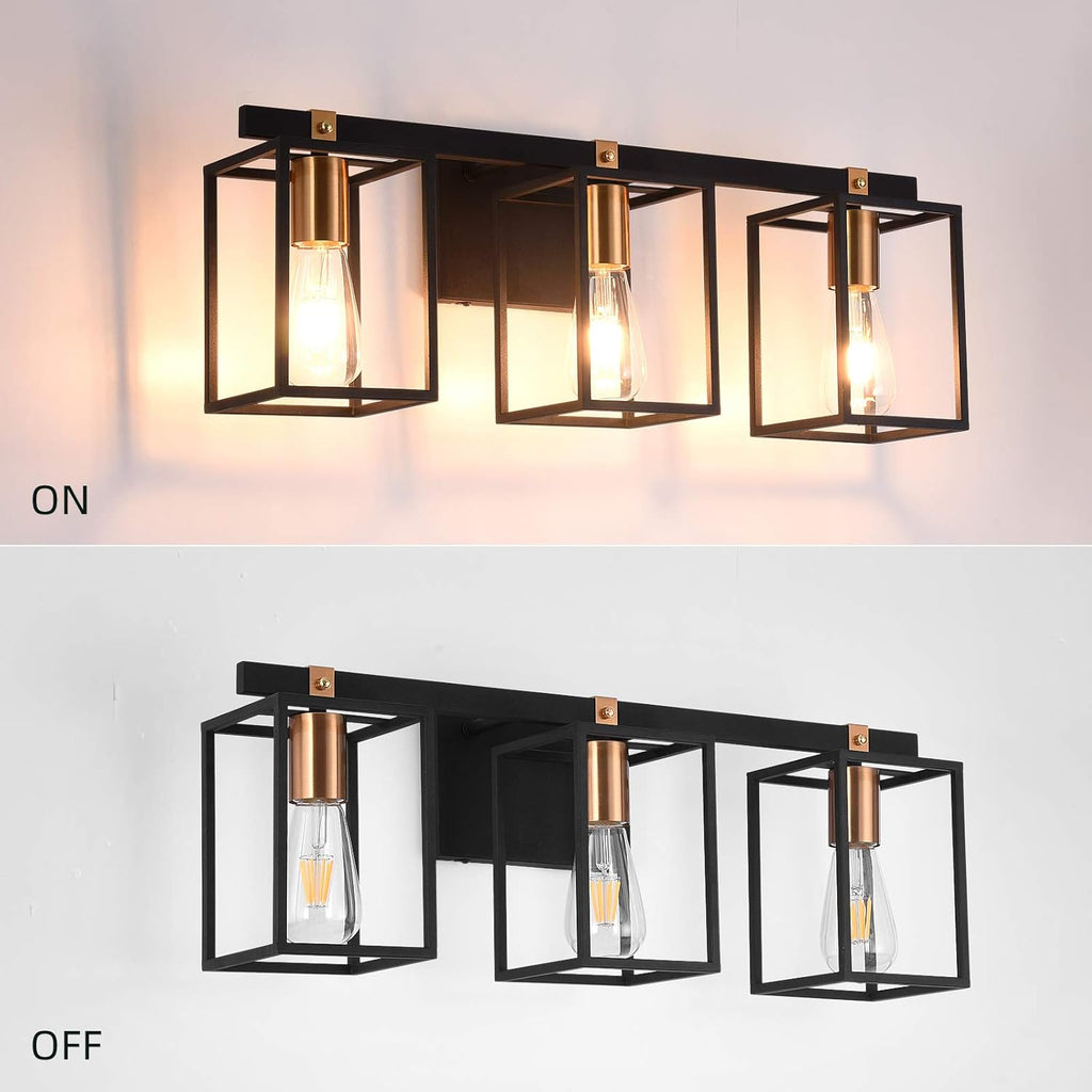 Black and Antique Brass Metal Cage Bathroom Vanity Light N382126