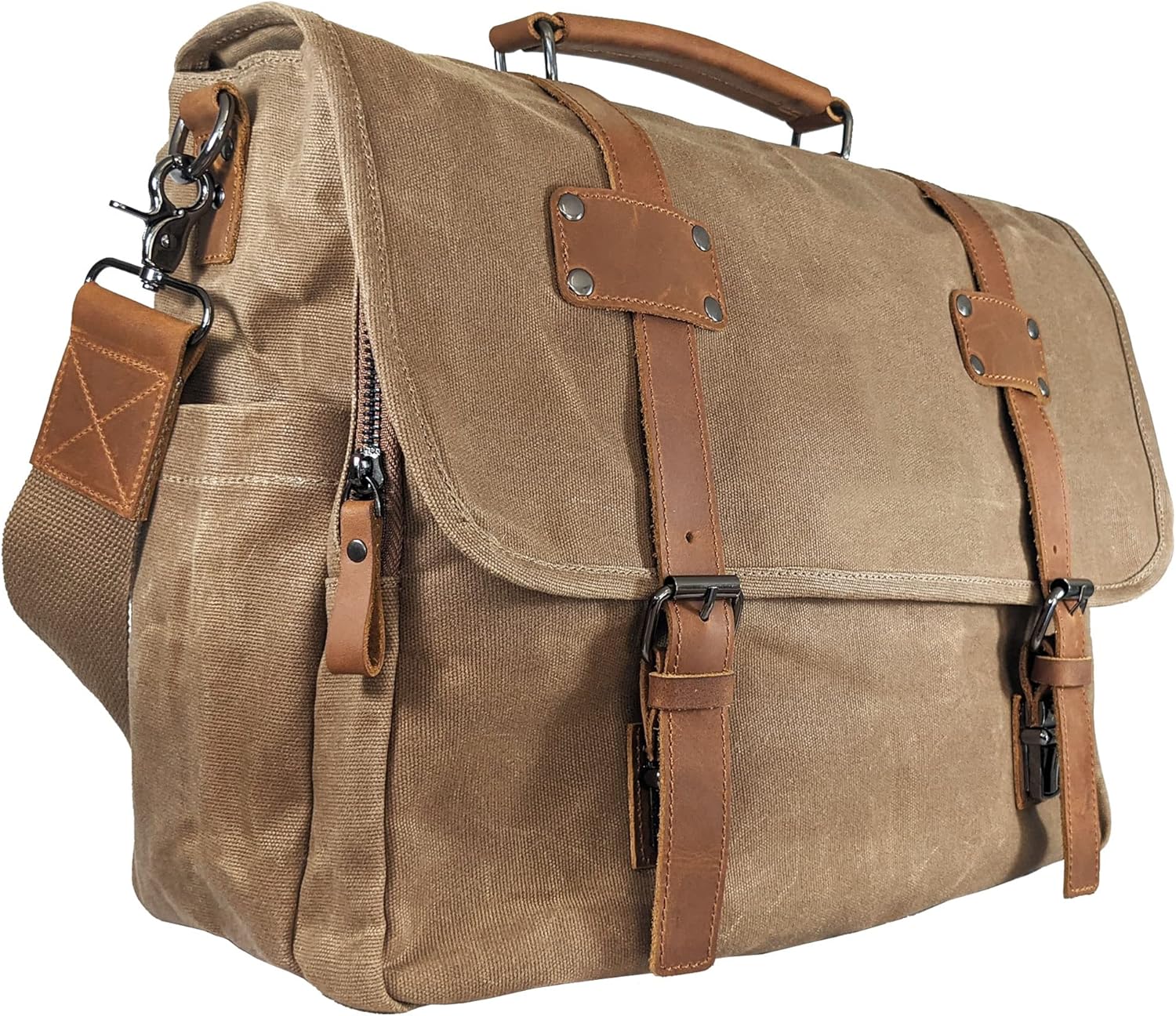 Waxed Canvas Genuine Leather Messenger Bag with Laptop Case Q8946