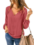 Cranberry Long Balloon Sleeve V Neck Blouses O72035