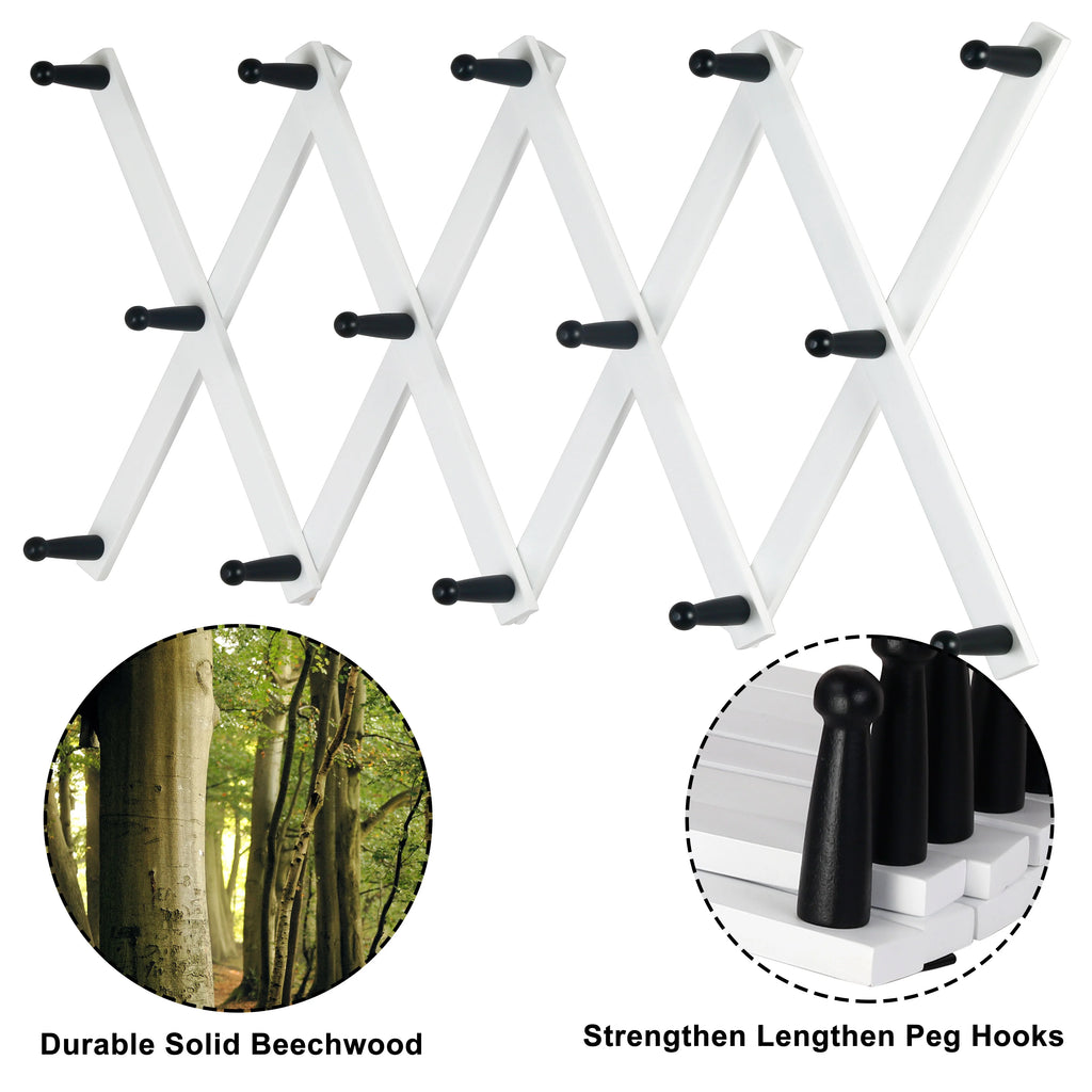 White 14 Pegs Wooden Expandable Coat Rack L448