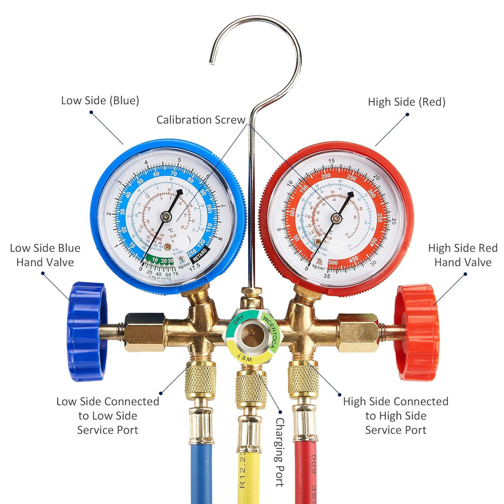 AC Diagnostic Manifold Freon Gauge Set with Couplers, Adapter for R134A R12 R22 R502 R493045