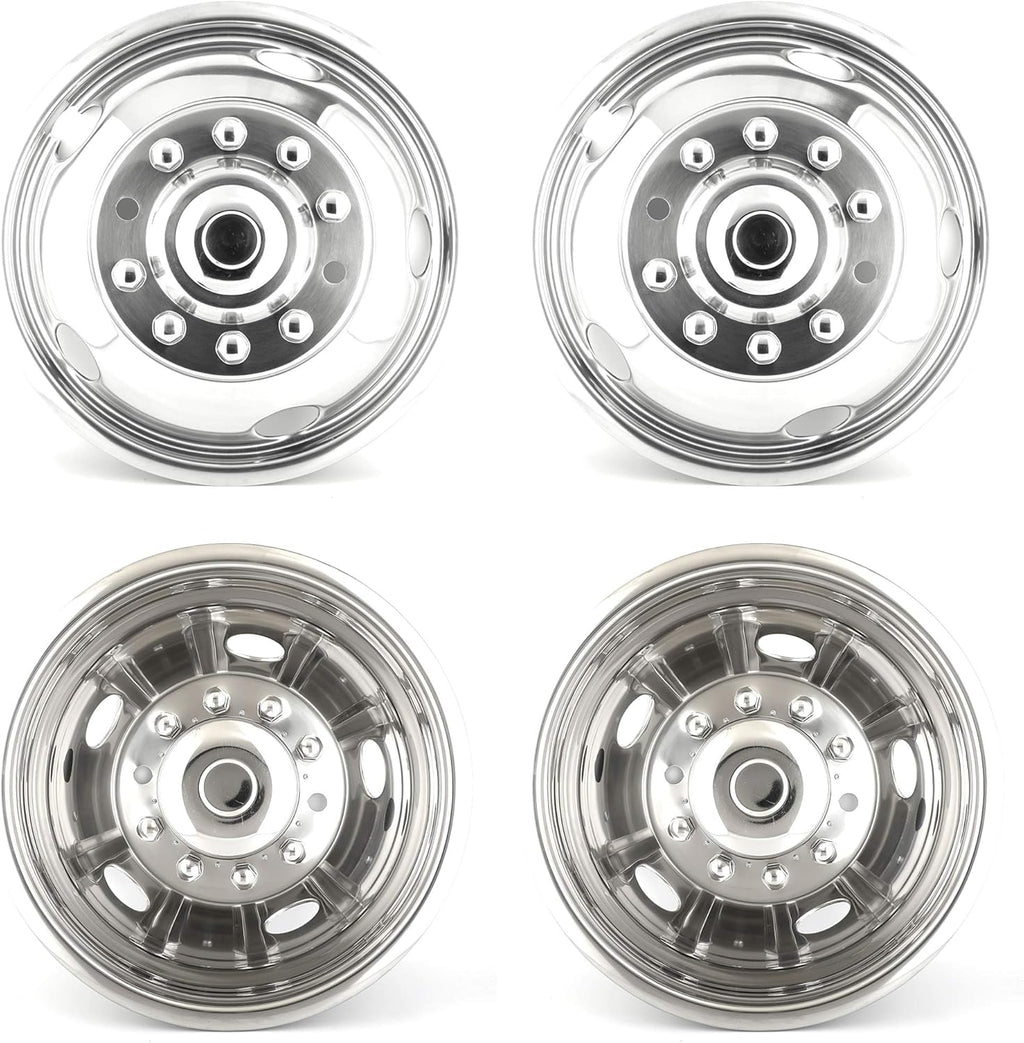 4pcs 19.5 Dually Steel Wheel Simulators Hub Covers 10 Lug Bolt on 304L Stainless Steel Polished Hub Cap Skins Liners F61945