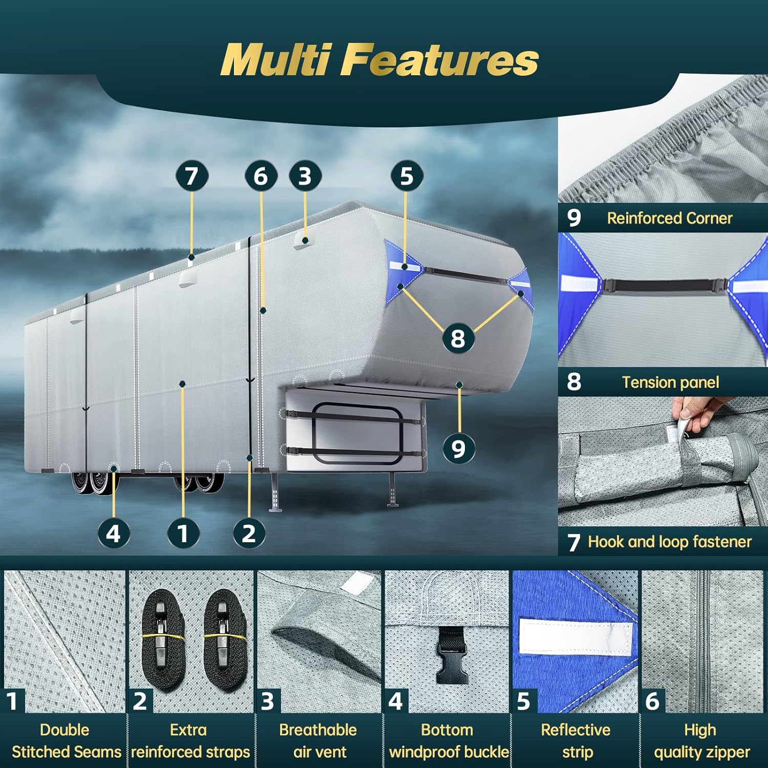 5th Wheel RV Cover with 4 Tire Covers & 2Pcs Extra Long Straps B211