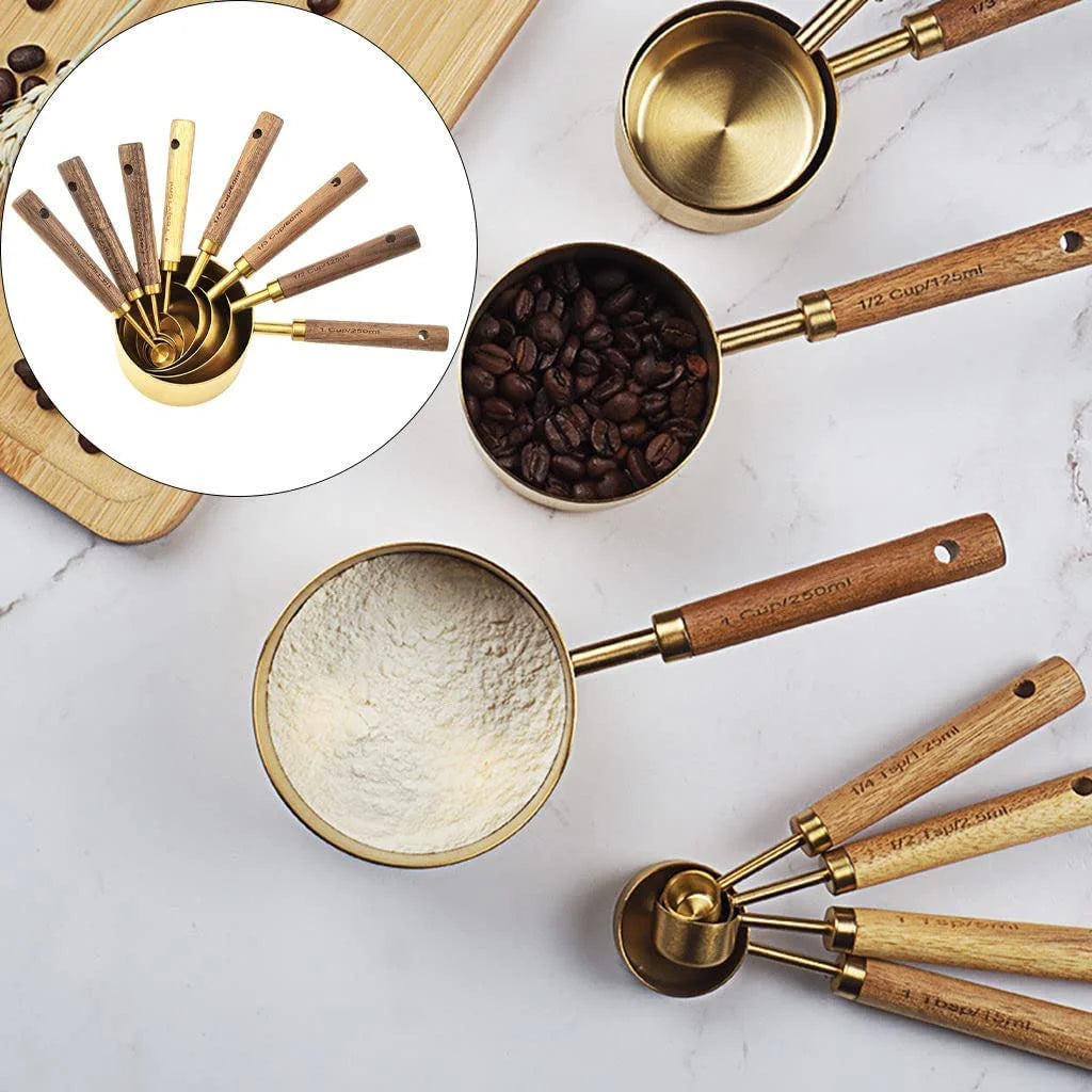 Gold Stainless Steel Measuring Cups and Spoons Set with Wooden Handle R65653