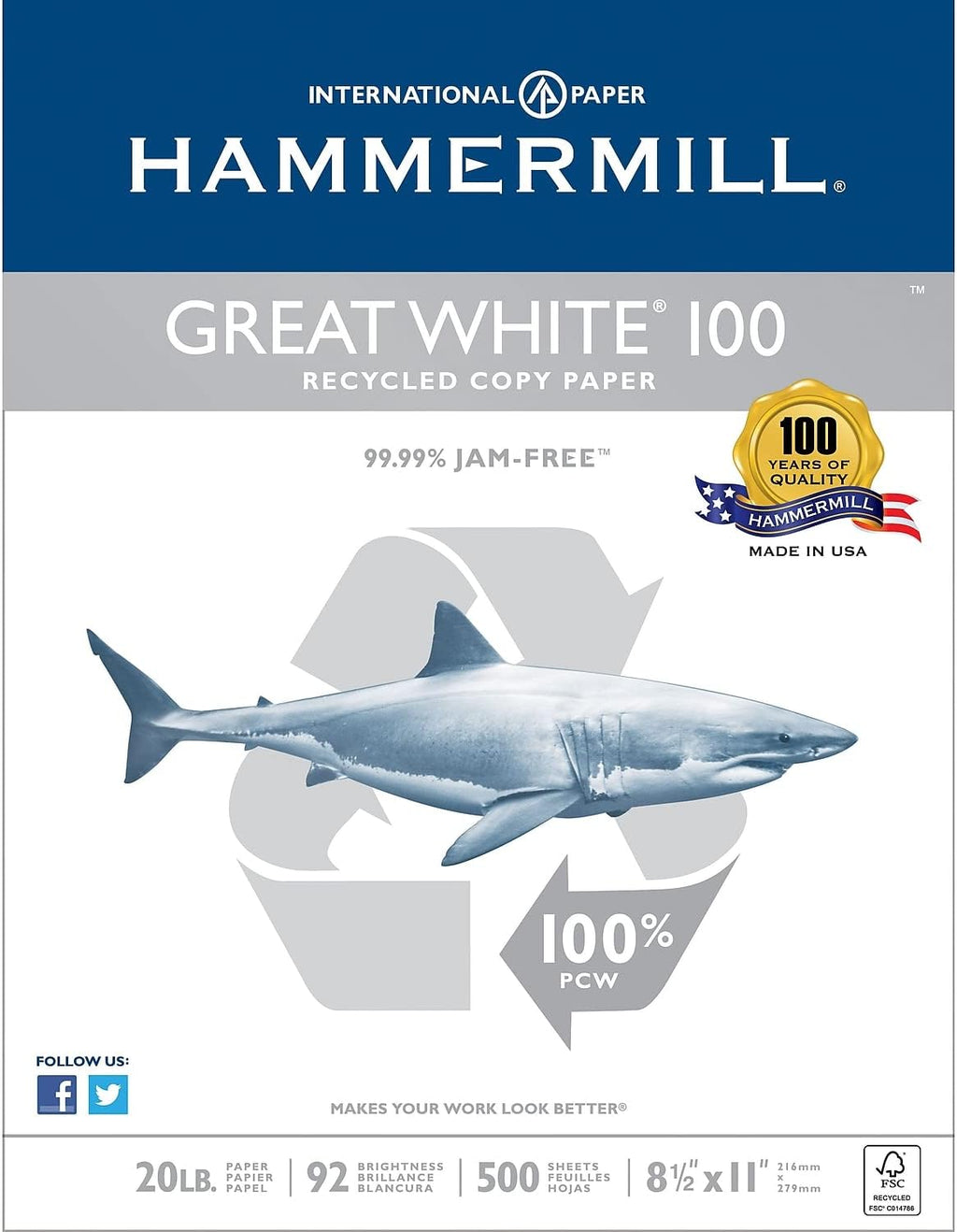 100 Recycled Copy Paper, 20Lb, 8-1/2 X 11, White, 5,000 Sheet W831