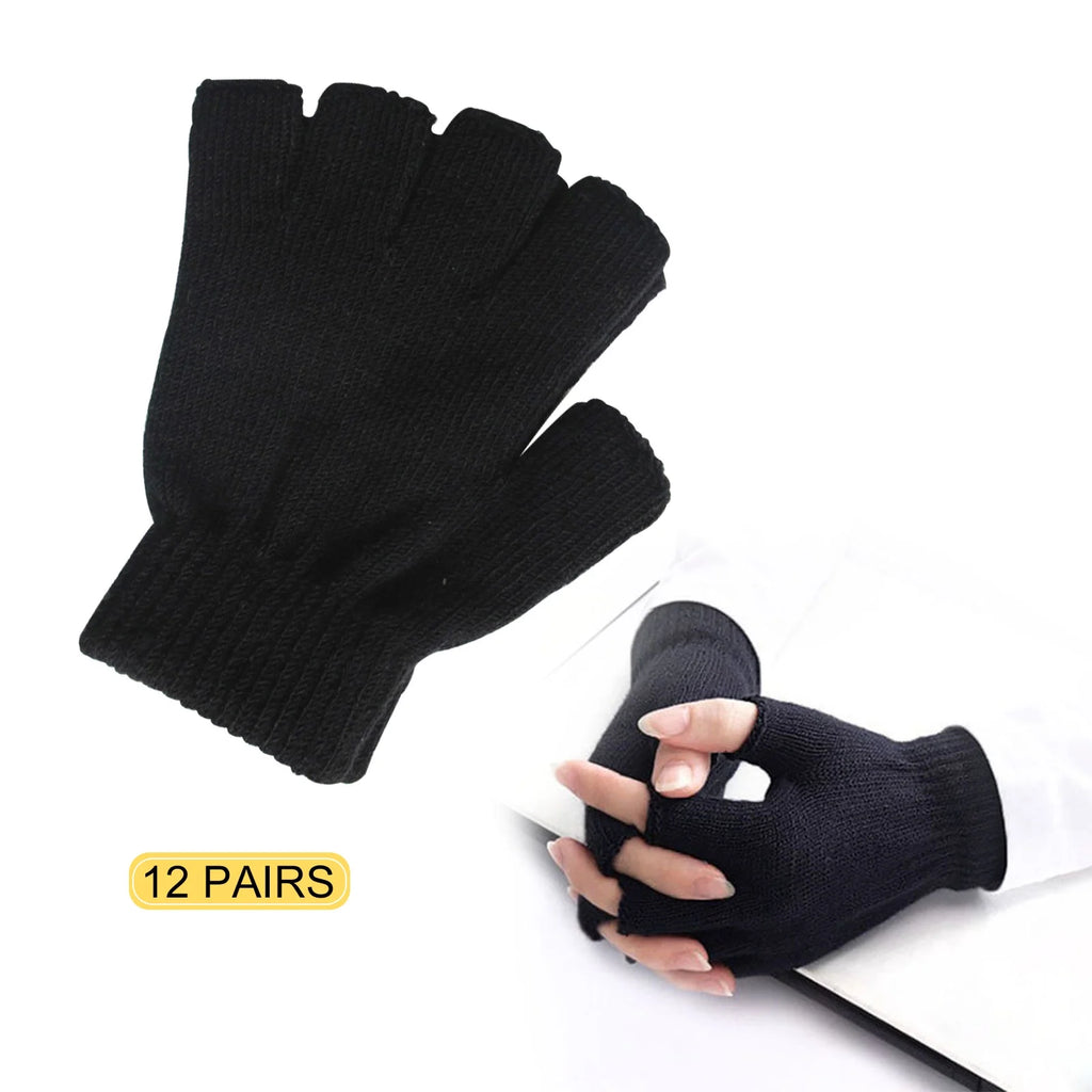 12 Pairs Black Knit Touchscreen Fingerless Gloves V6614