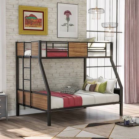 Twin-Over-Full Bunk Bed with Metal Frame, Ladder and Guard Rail, Brown L398017
