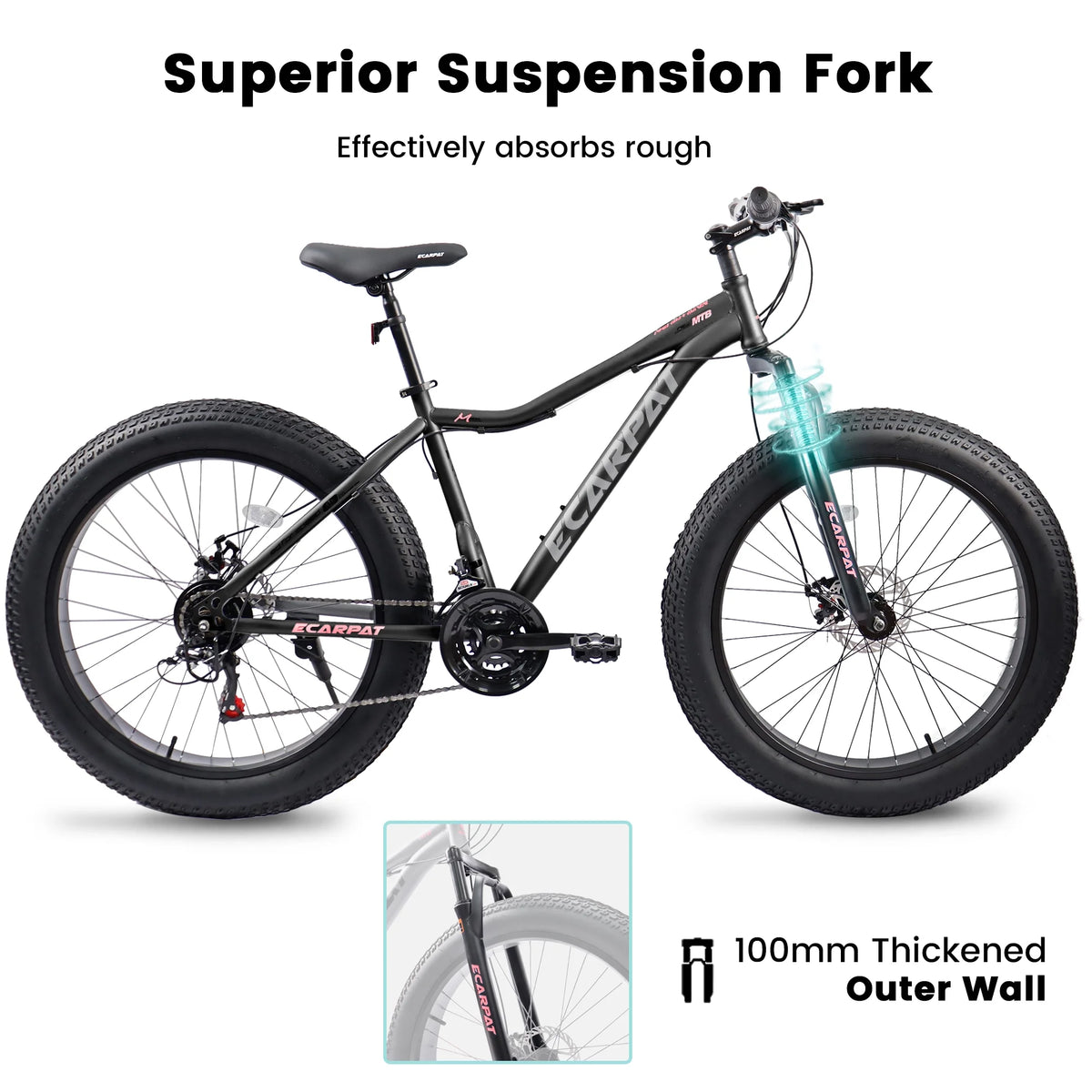 26 Inch Fat Tire Mountain Bike with 4-Inch Wide Wheels, 21-Speed Carbon Steel Frame X547