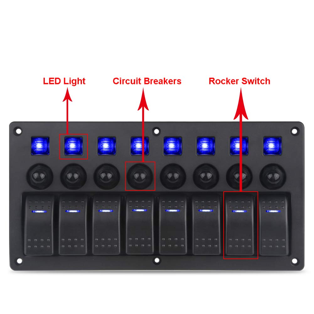Blue 8 Gang Waterproof Toggle Rocker Switch Panel 12V/24V LED Circuit Breaker Pack of 2 U81243
