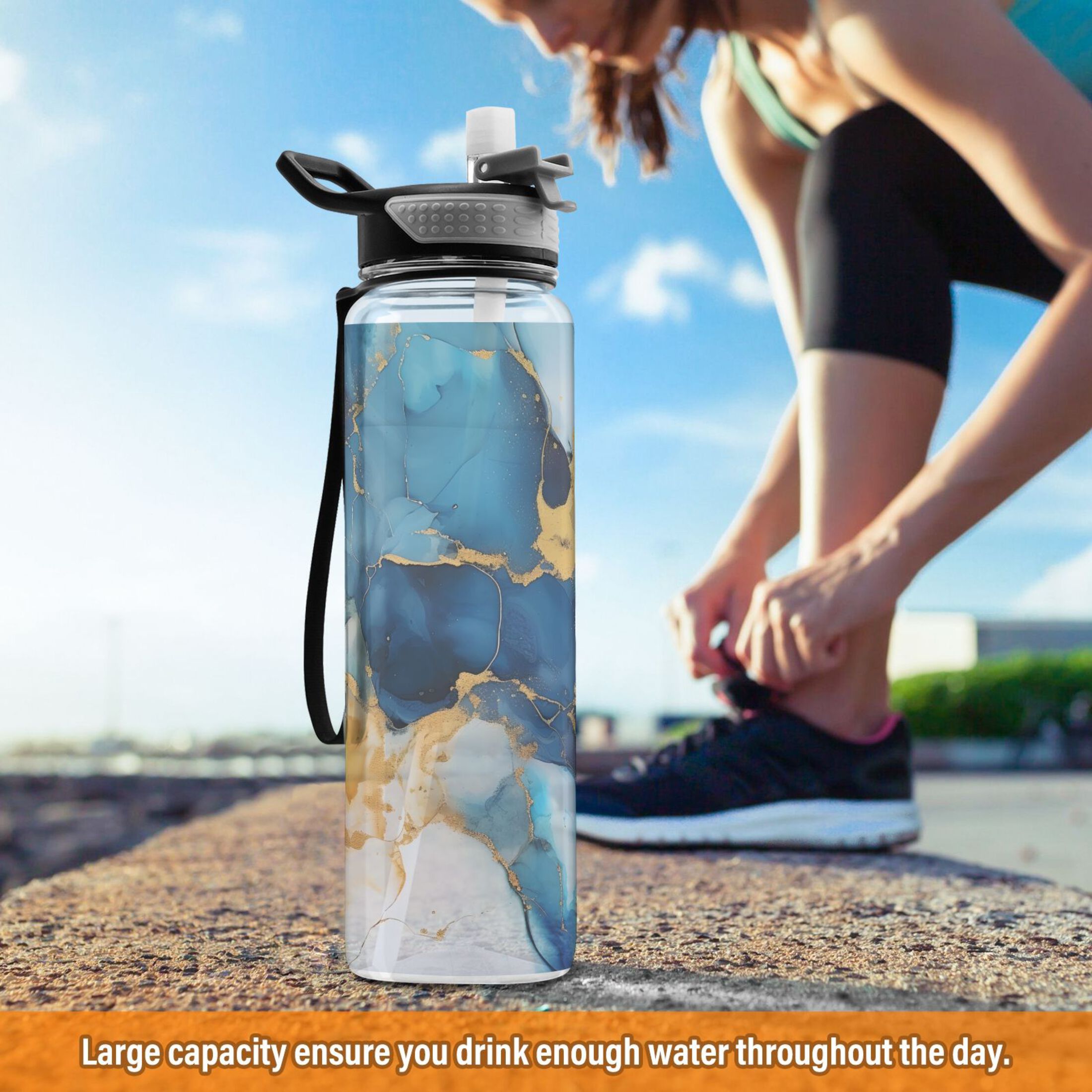 Blue and Golden Marble 32oz Tritan Water Bottles with Straw P321