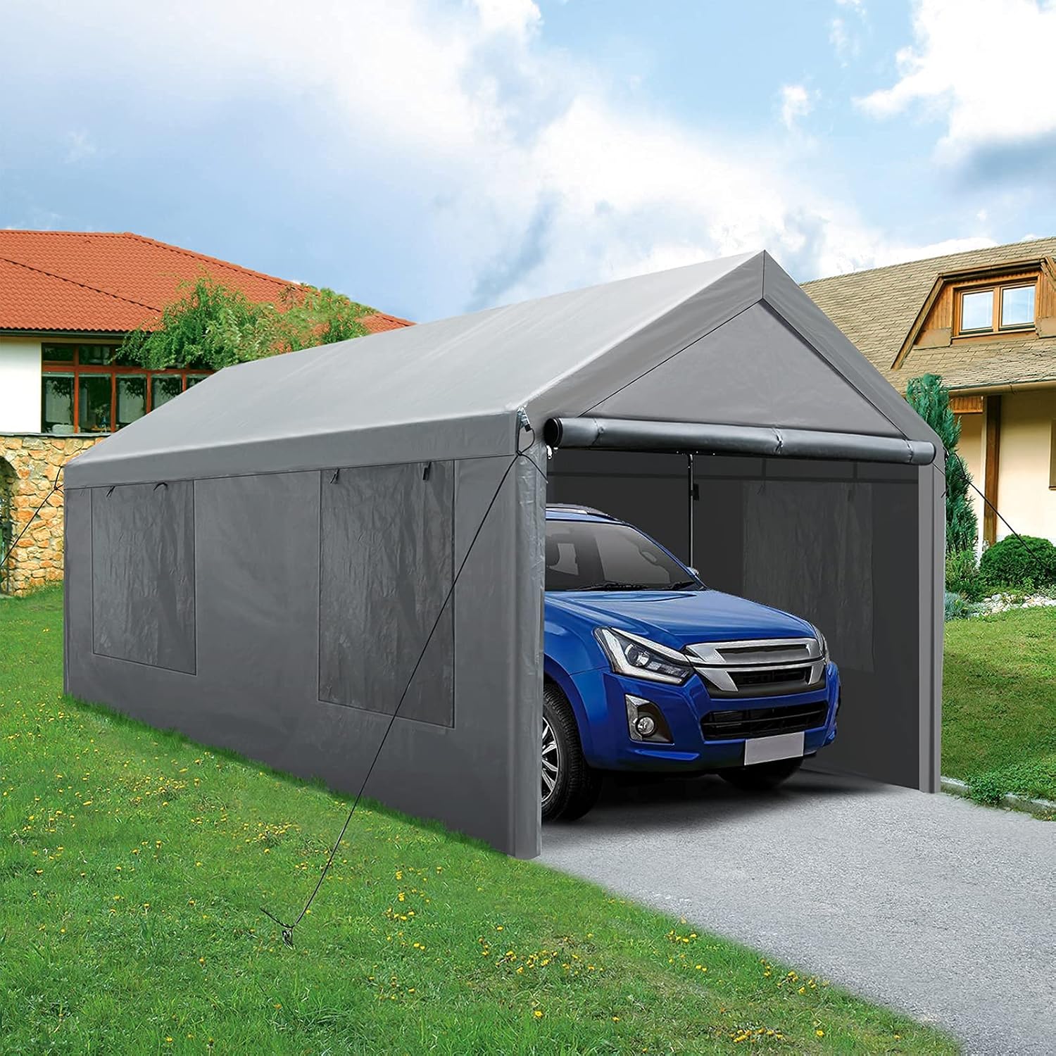 Enclosed Car Canopy 10x20*9.38ft with 4 Windows, 180g PE Cover, Detachable Walls & Doors U89766