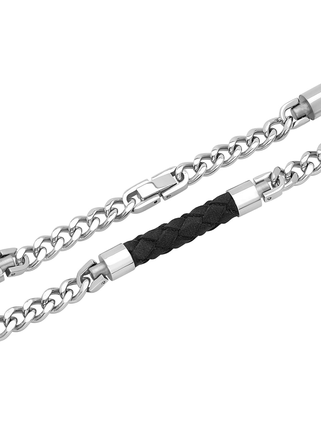 Men's Stainless Steel Black Leather Weave Curb Chain Necklace, 24" L713