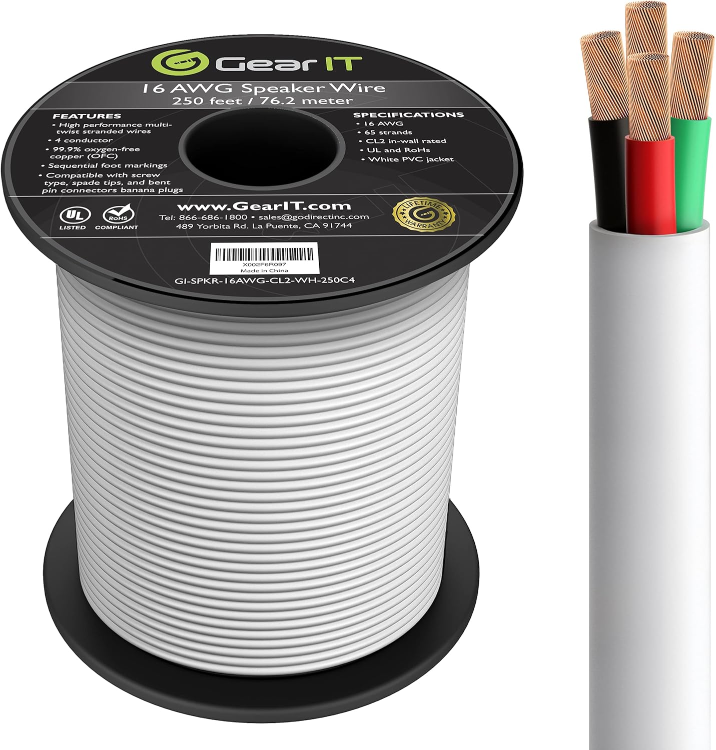 14/4 Speaker Wire 250 Feet 14AWG CL2 Rated 4 Conductors OFC Oxygen-Free Copper White R18571