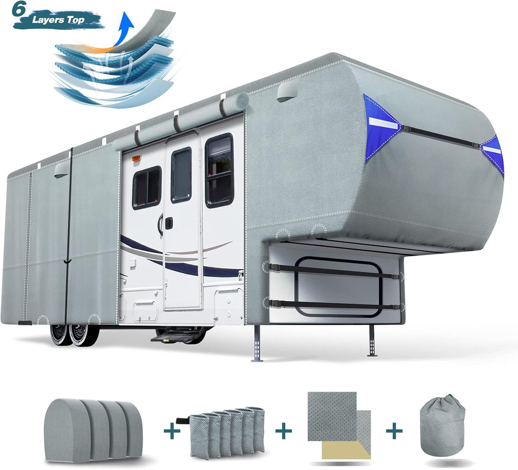 5th Wheel RV Cover with 4 Tire Covers & 2Pcs Extra Long Straps B211