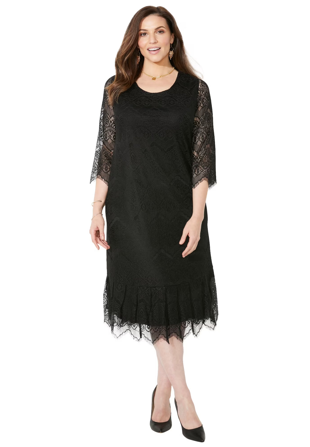 Plus Size Shirred Lace Flounce Dress U315996