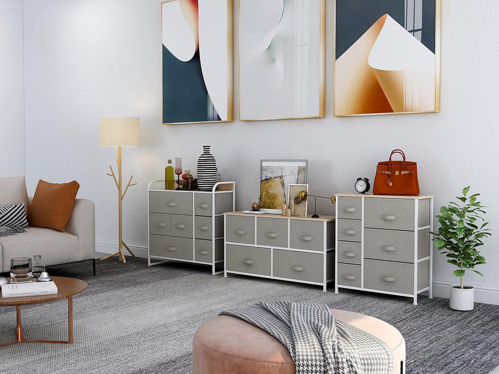 Light grey 8 Drawer Fabric Dresser with Steel Frame and Wooden Top A974234