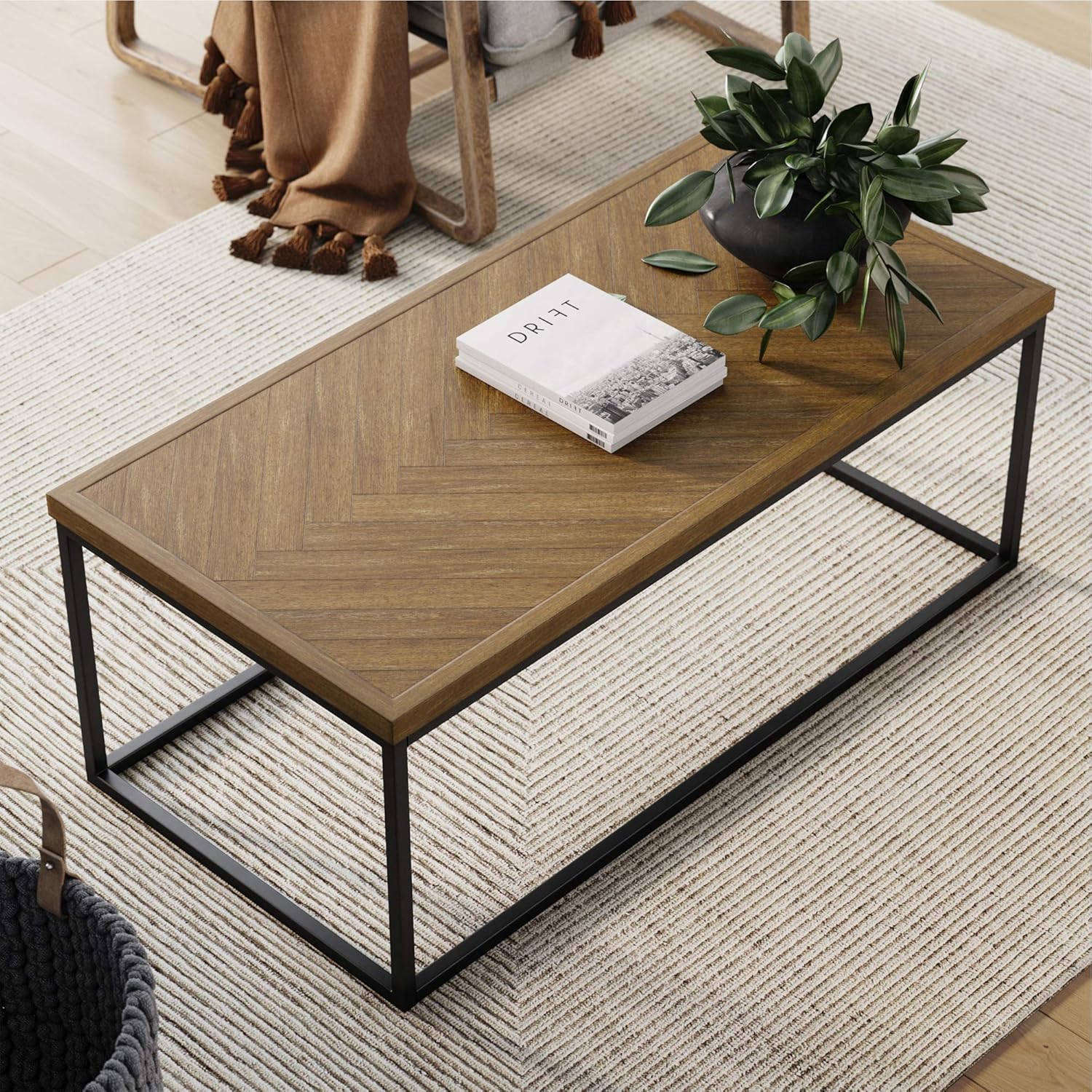 Walnut Acacia Veneer and Metal Rectangle Coffee Table E57688