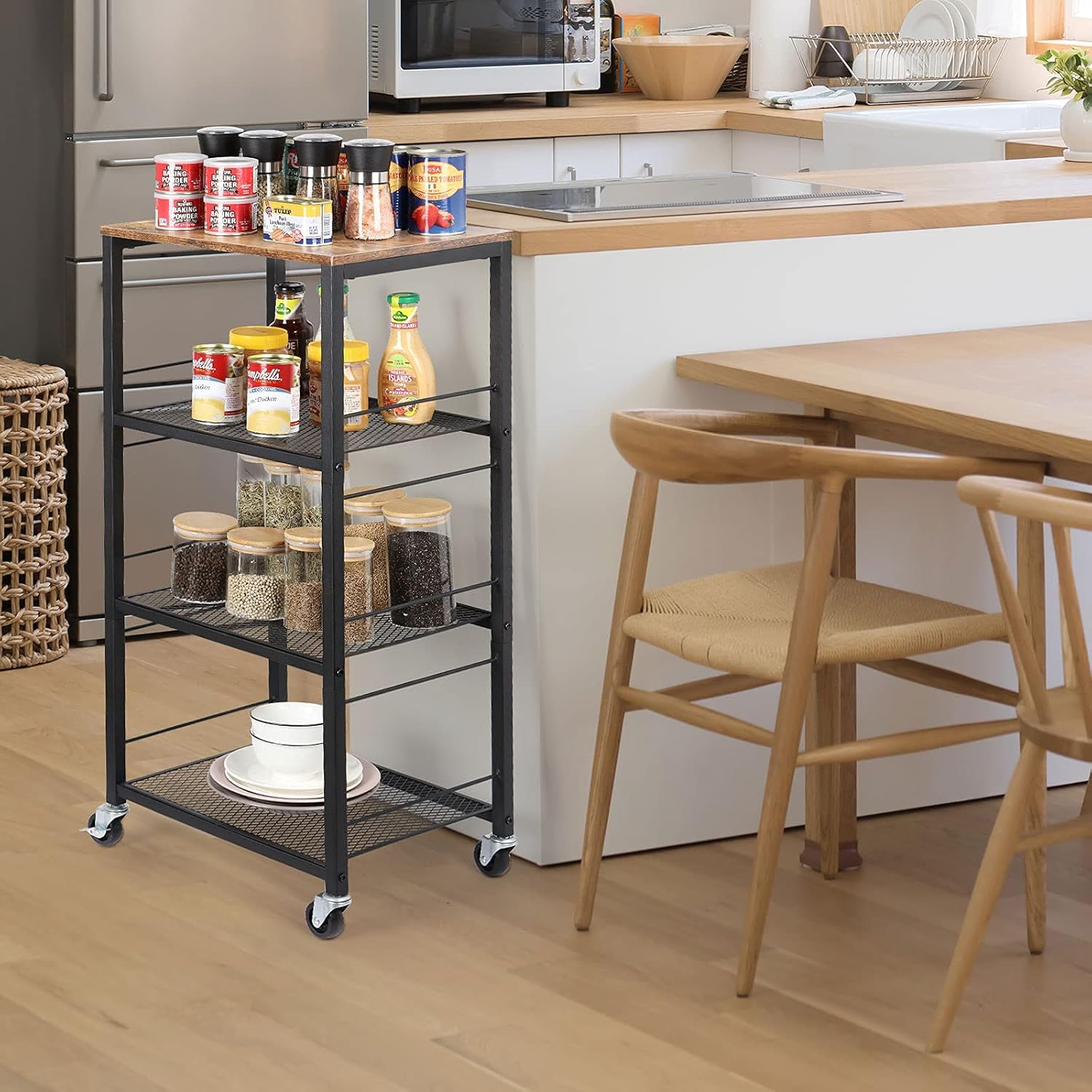 4-Tier Industrial Wood Serving Cart with Wheels Y545307