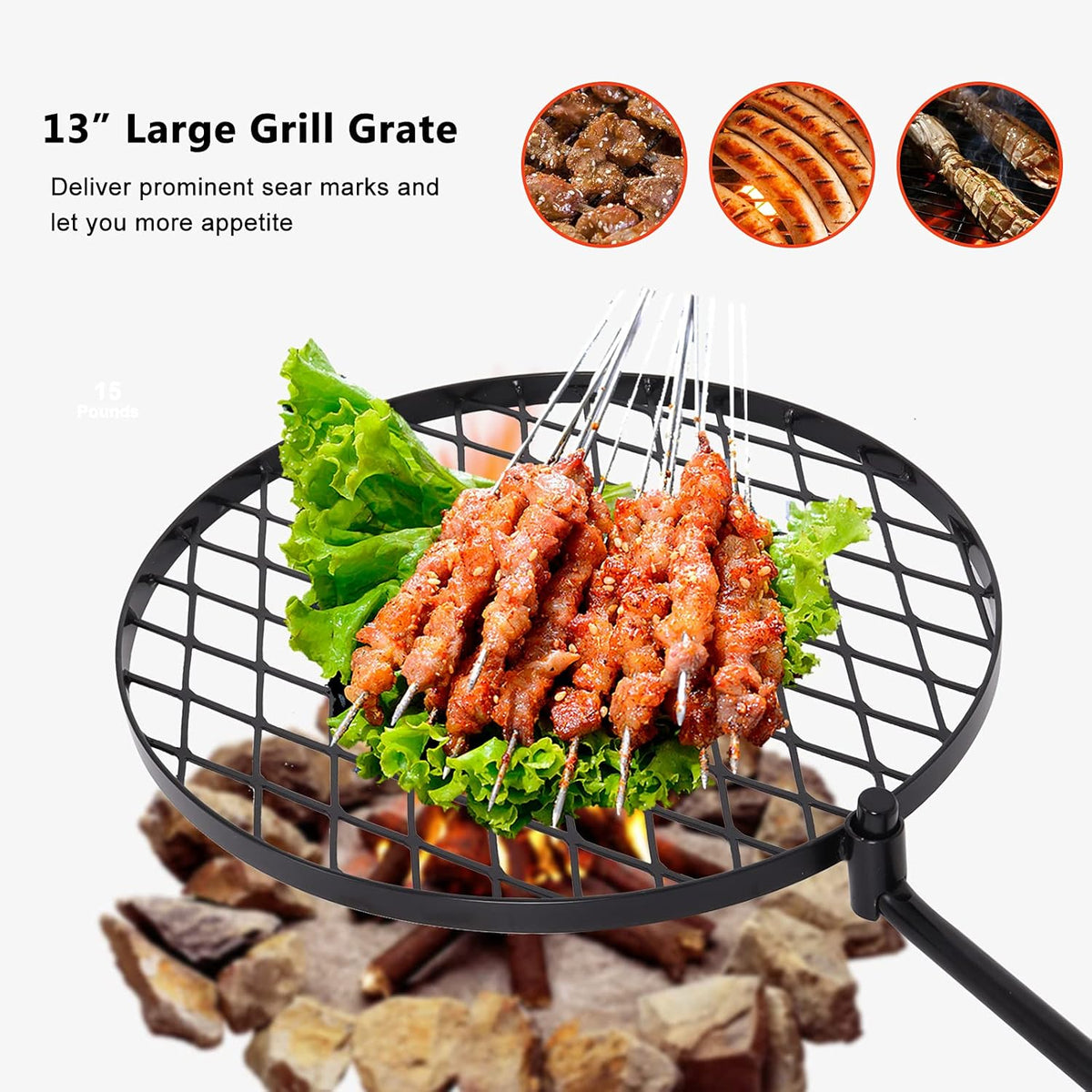 Campfire Swivel Grill Grate, 360° Adjustable 13 Inch Heavy Duty Portable Cooking Griddle P6771