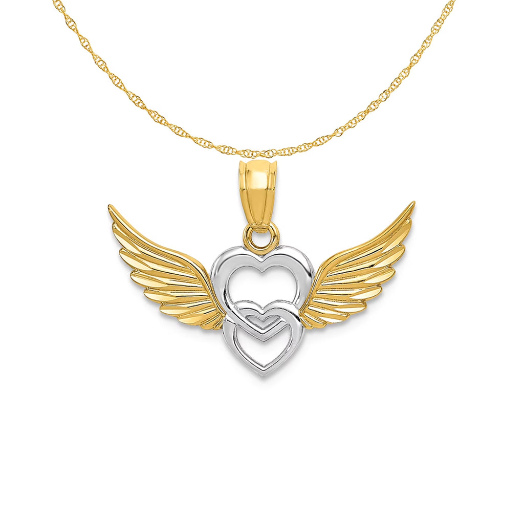 14K Two-Tone Gold Rhodium Plating Heart With Wings Pendant on 16 Inch 14K Gold Rope Chain Necklace A28751